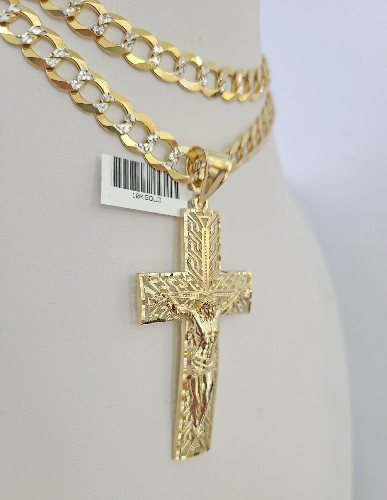 10k Gold Chain Cross Charm Solid Cuban Curb Necklace 9mm 20"-30" Diamond Cut SET - Image 2