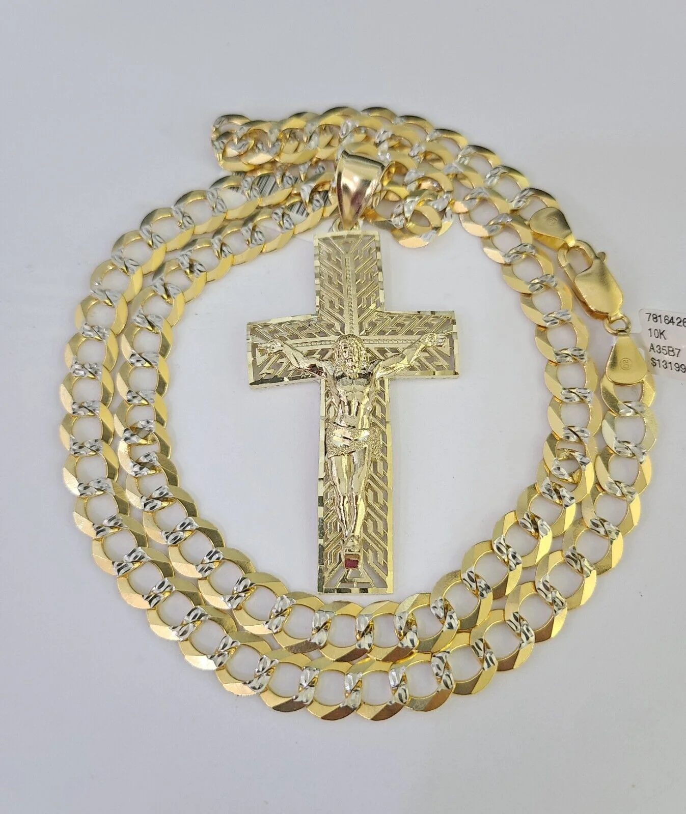 10k Gold Chain Cross Charm Solid Cuban Curb Necklace 9mm 20"-30" Diamond Cut SET - Image 4
