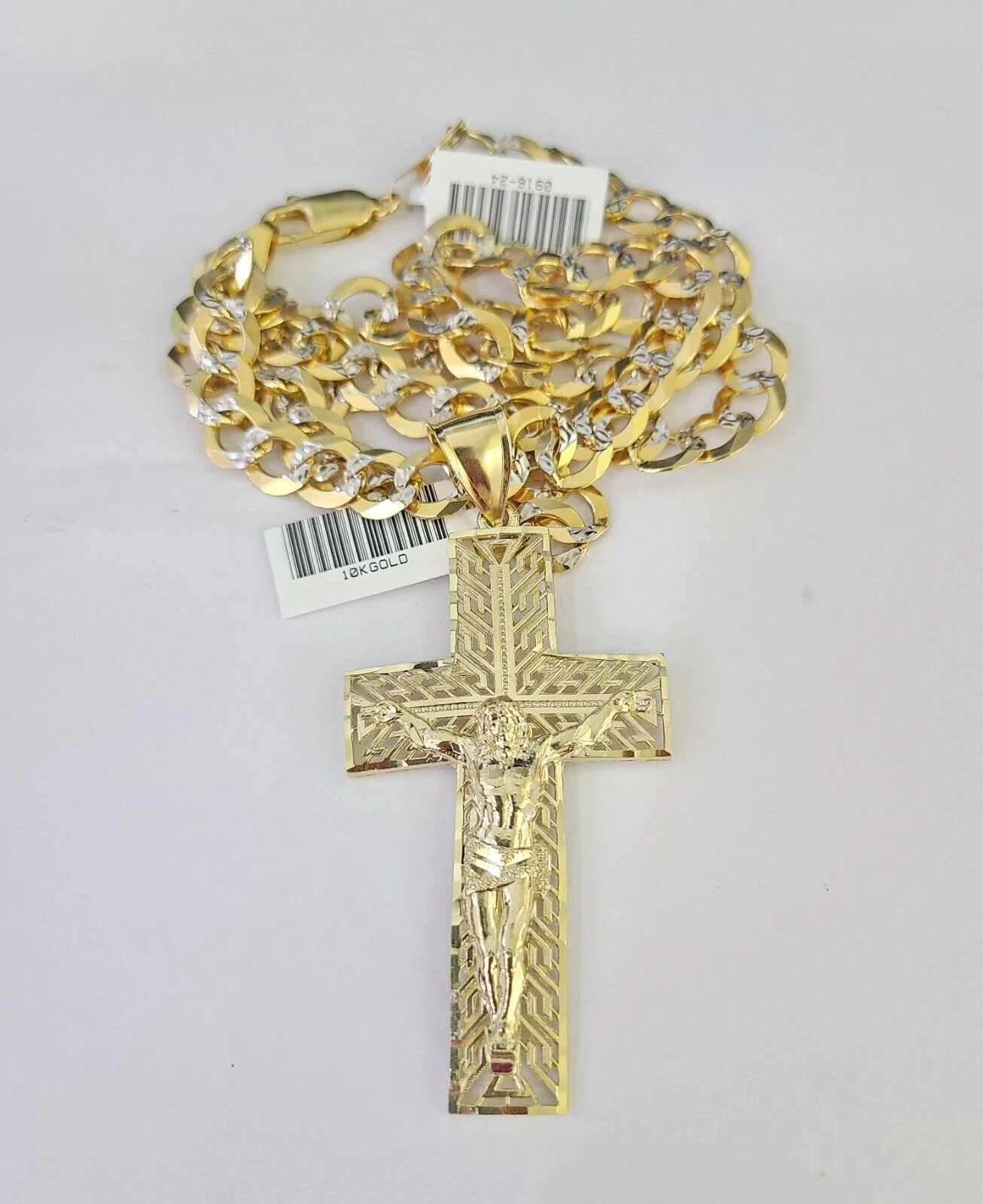 10k Gold Chain Cross Charm Solid Cuban Curb Necklace 9mm 20"-30" Diamond Cut SET - Image 5