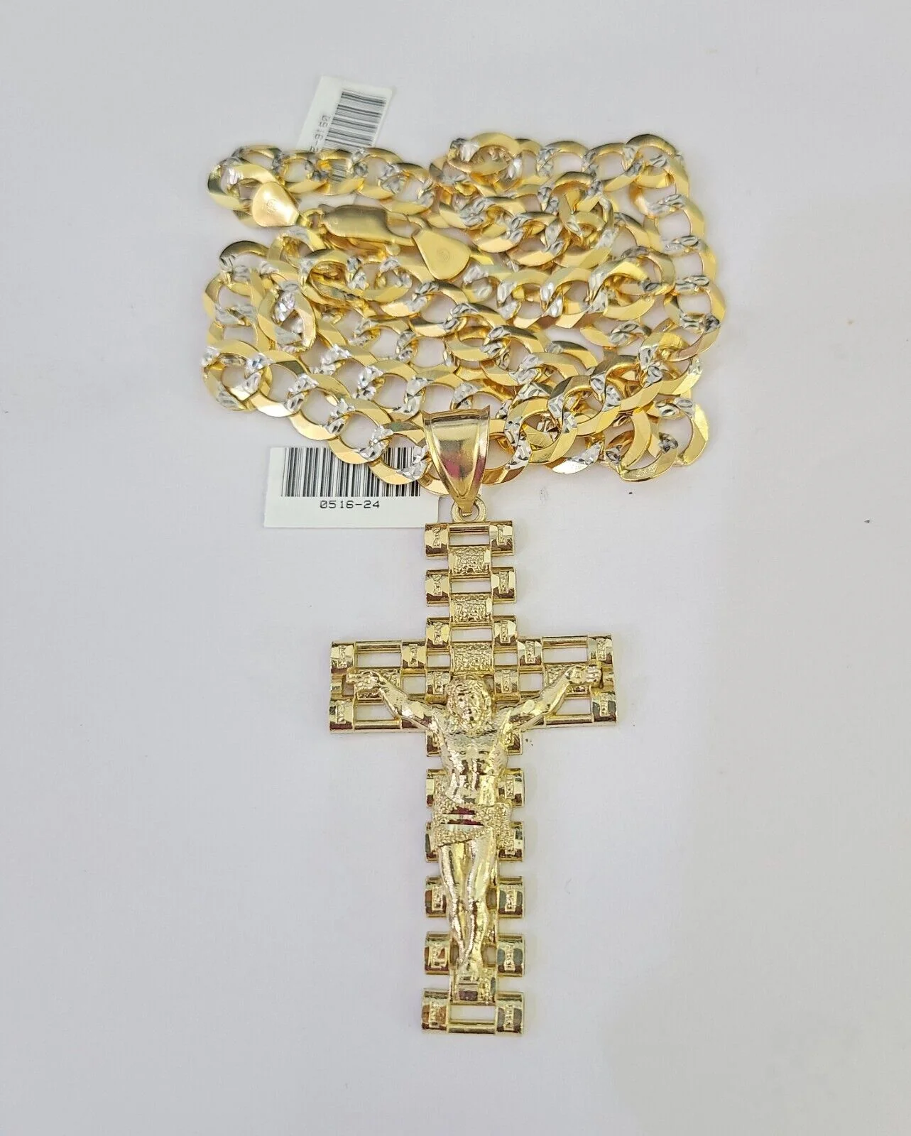 10k Gold Chain Cross Charm Solid Cuban Curb Necklace 9mm 20"-30" Diamond Cut SET - Image 6