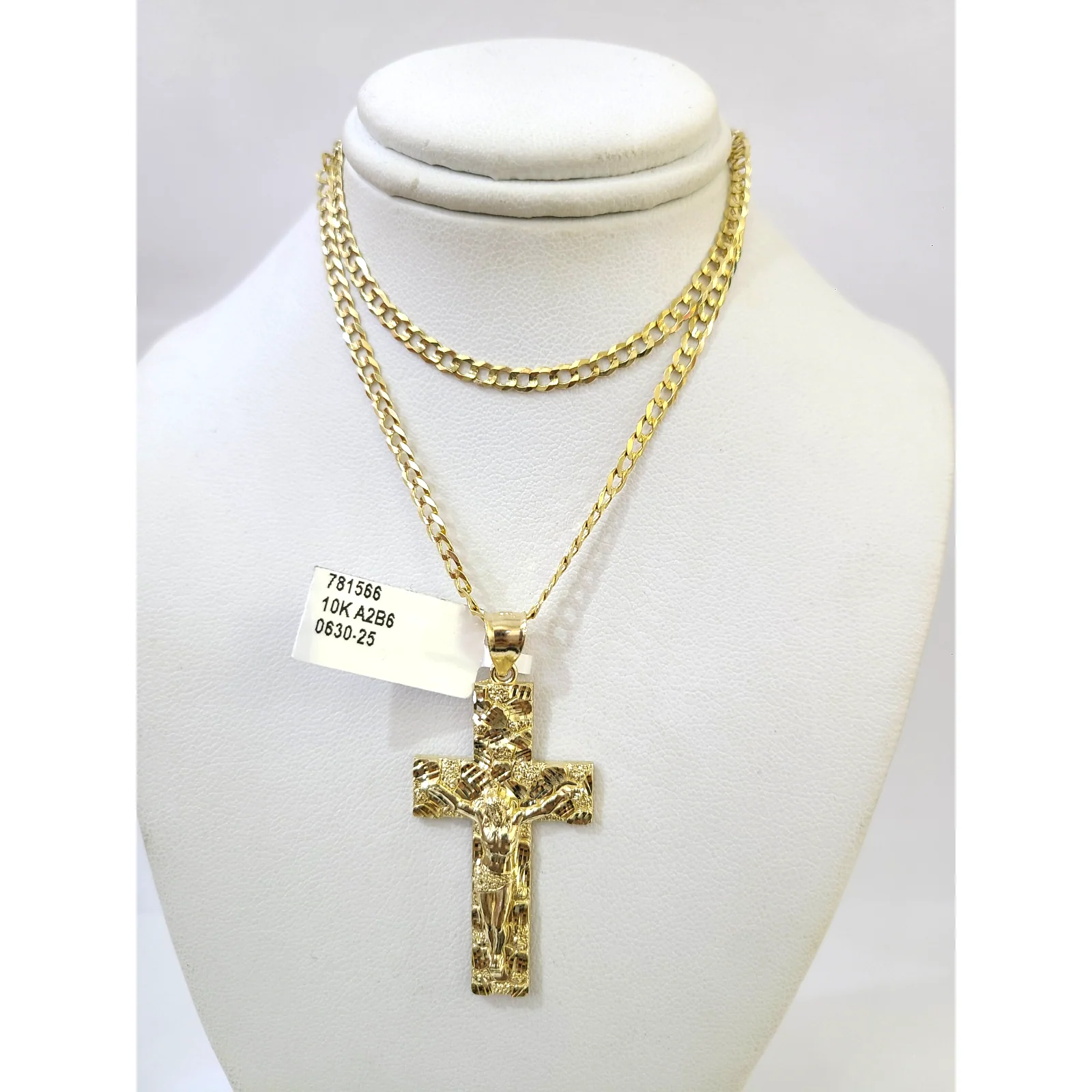 10k Gold Chain Cuban Curb 3mm Necklace Nugget Cross Charm Pendant Set 18"-28" - Image 2