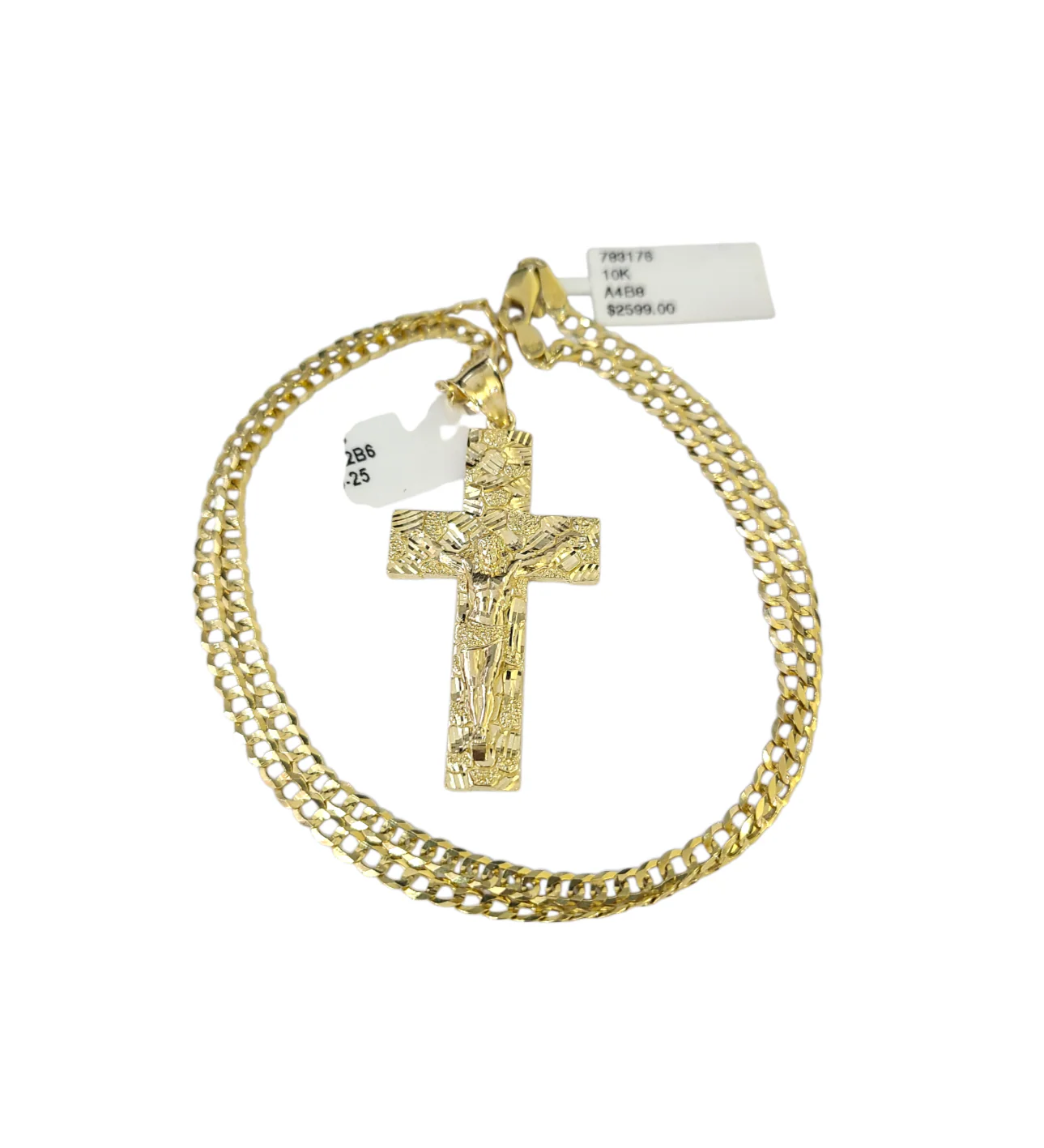 10k Gold Chain Cuban Curb 3mm Necklace Nugget Cross Charm Pendant Set 18"-28" - Image 5