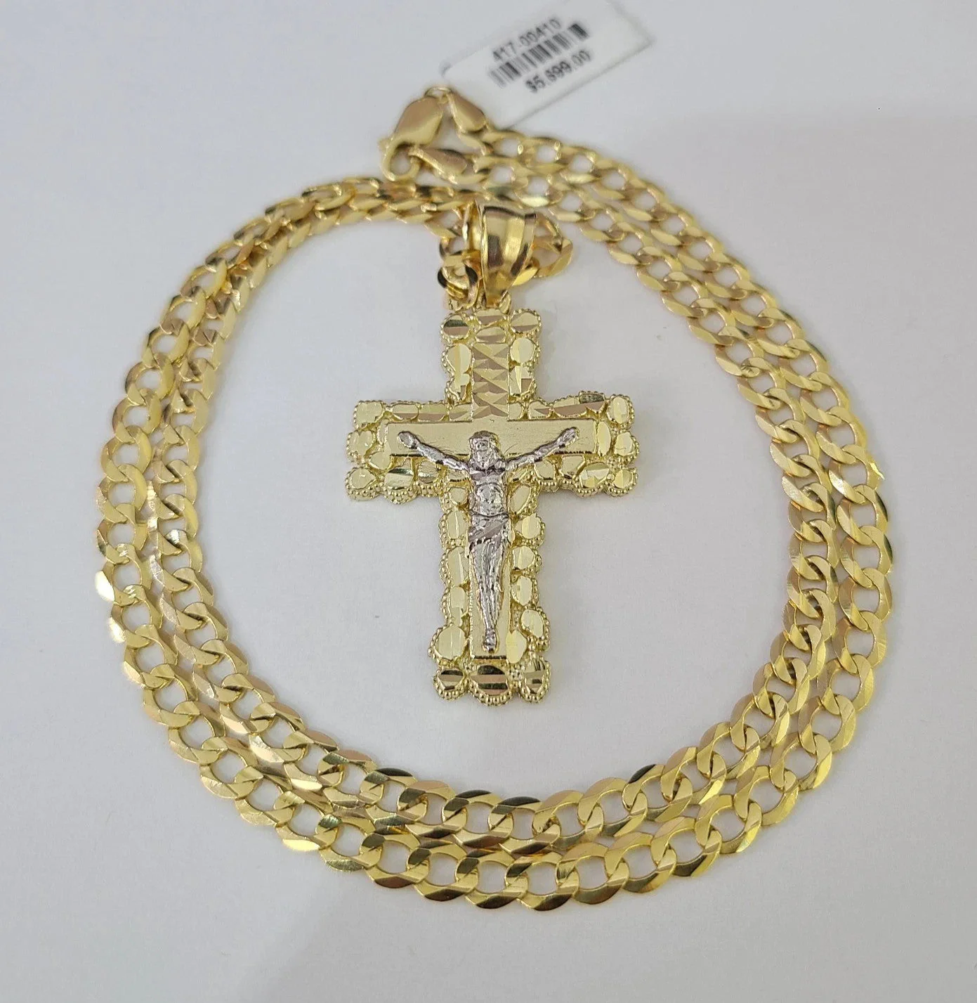 10k Gold Chain Cuban Curb Jesus Cross Charm Pendant Link 5mm 18"-28" Inch SET - Image 2