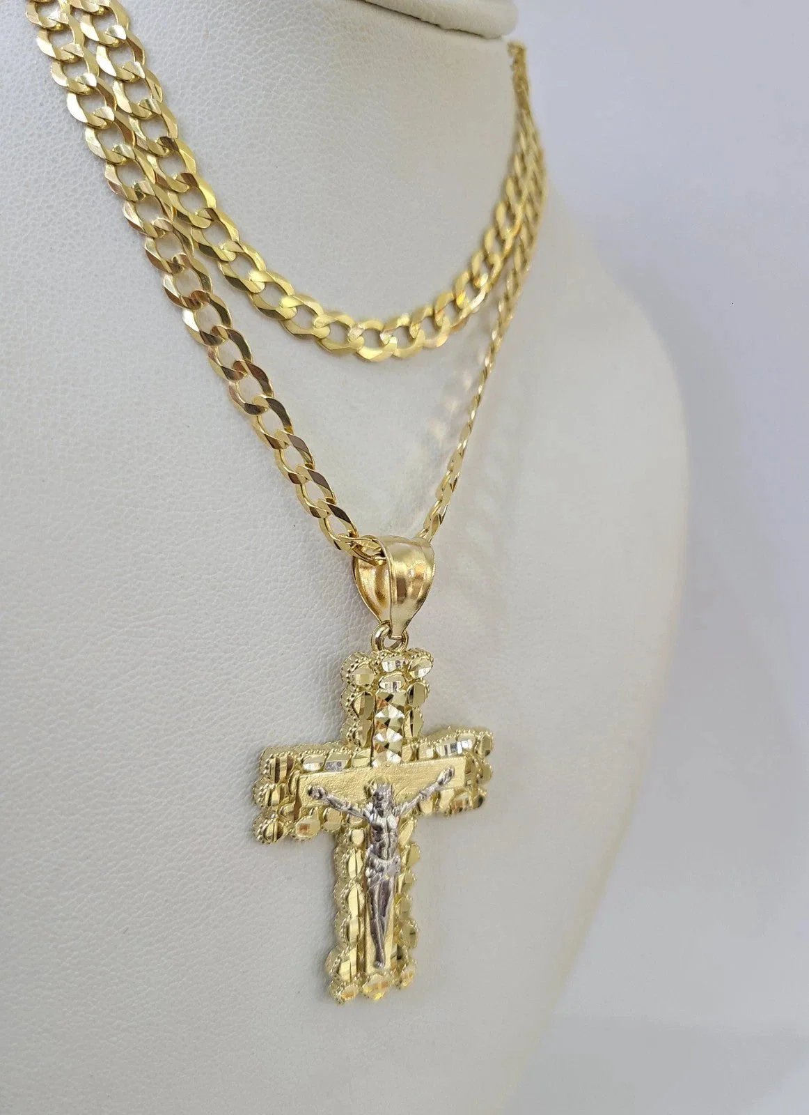 10k Gold Chain Cuban Curb Jesus Cross Charm Pendant Link 5mm 18"-28" Inch SET - Image 4