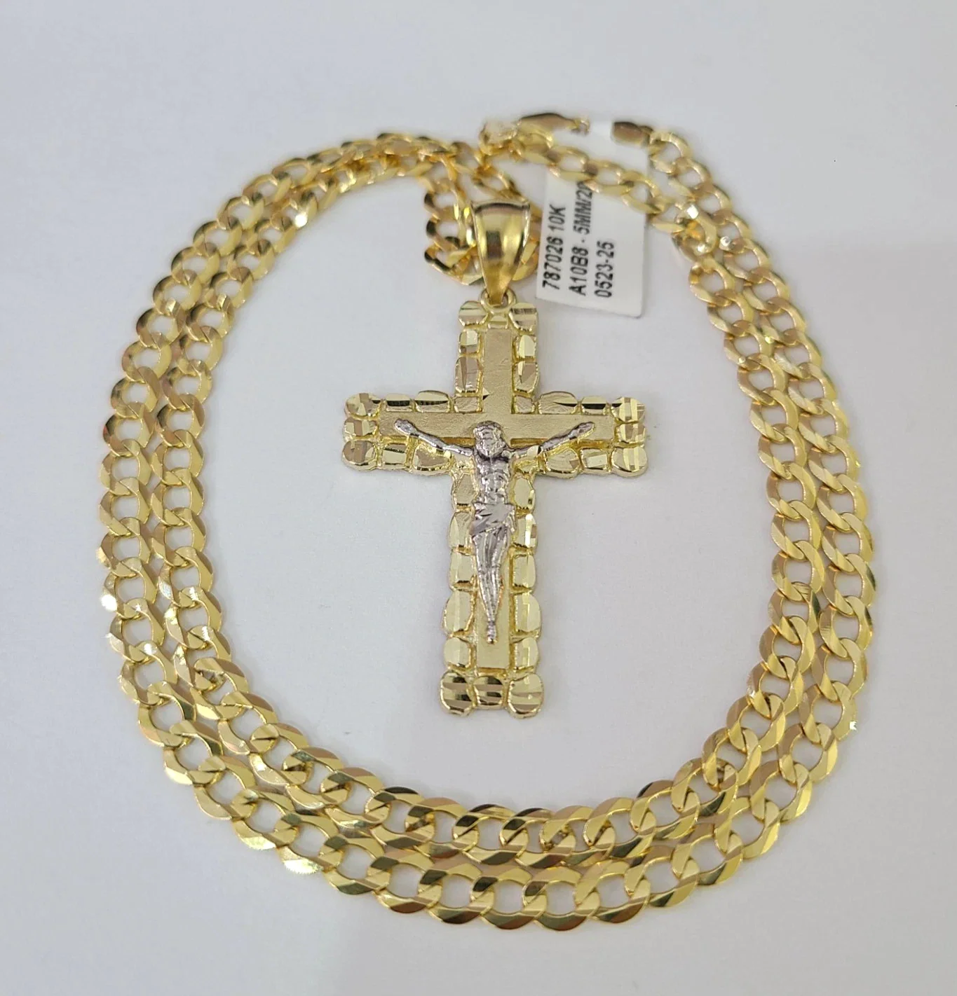 10k Gold Chain Cuban Curb Jesus Cross Charm Pendant Link 5mm 18"-28" Inch SET - Image 2