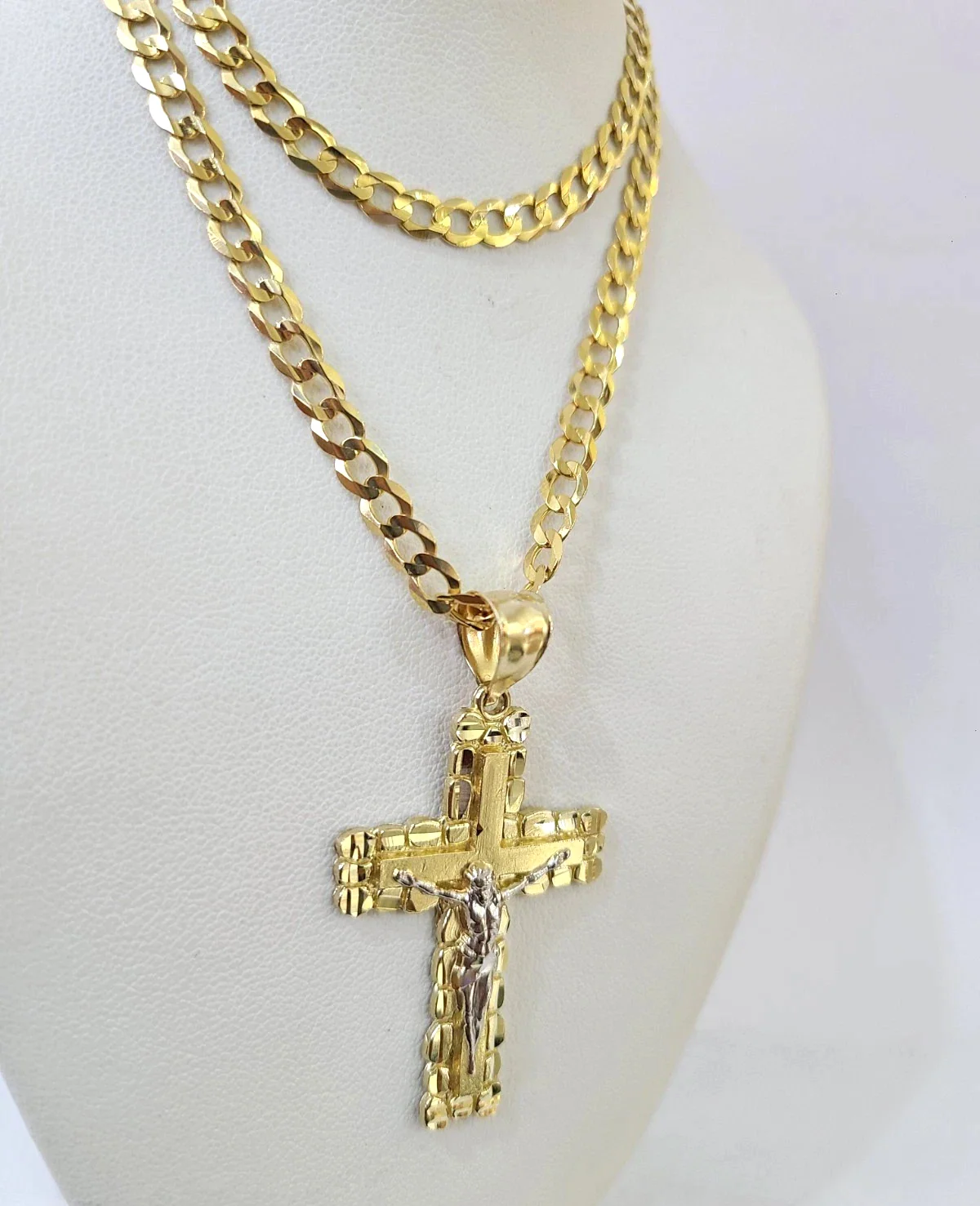 10k Gold Chain Cuban Curb Jesus Cross Charm Pendant Link 5mm 18"-28" Inch SET - Image 3