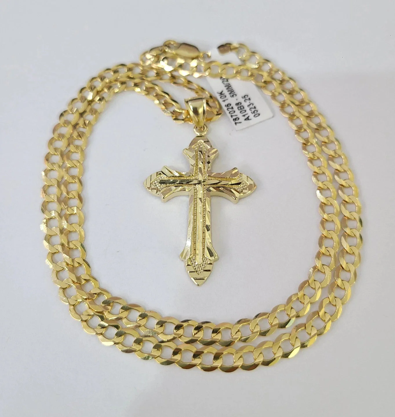 10k Gold Chain Jesus Cross Charm Pendant Cuban Curb Link 5mm 18"-28" Inch SET - Image 2