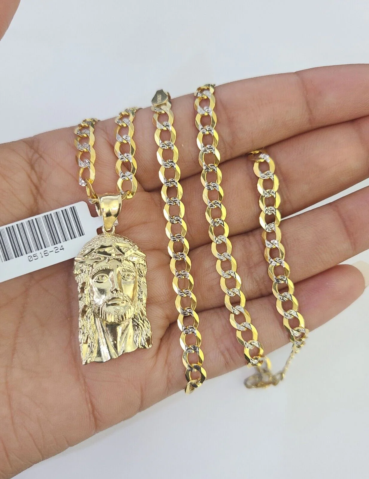 10k Gold Chain Jesus Head Charm Solid Cuban Curb Link 5mm 18"-28" Inch SET - Image 2
