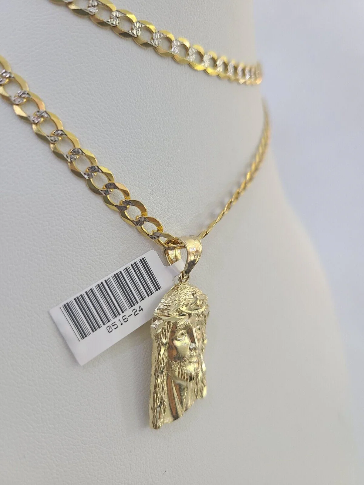 10k Gold Chain Jesus Head Charm Solid Cuban Curb Link 5mm 18"-28" Inch SET - Image 3