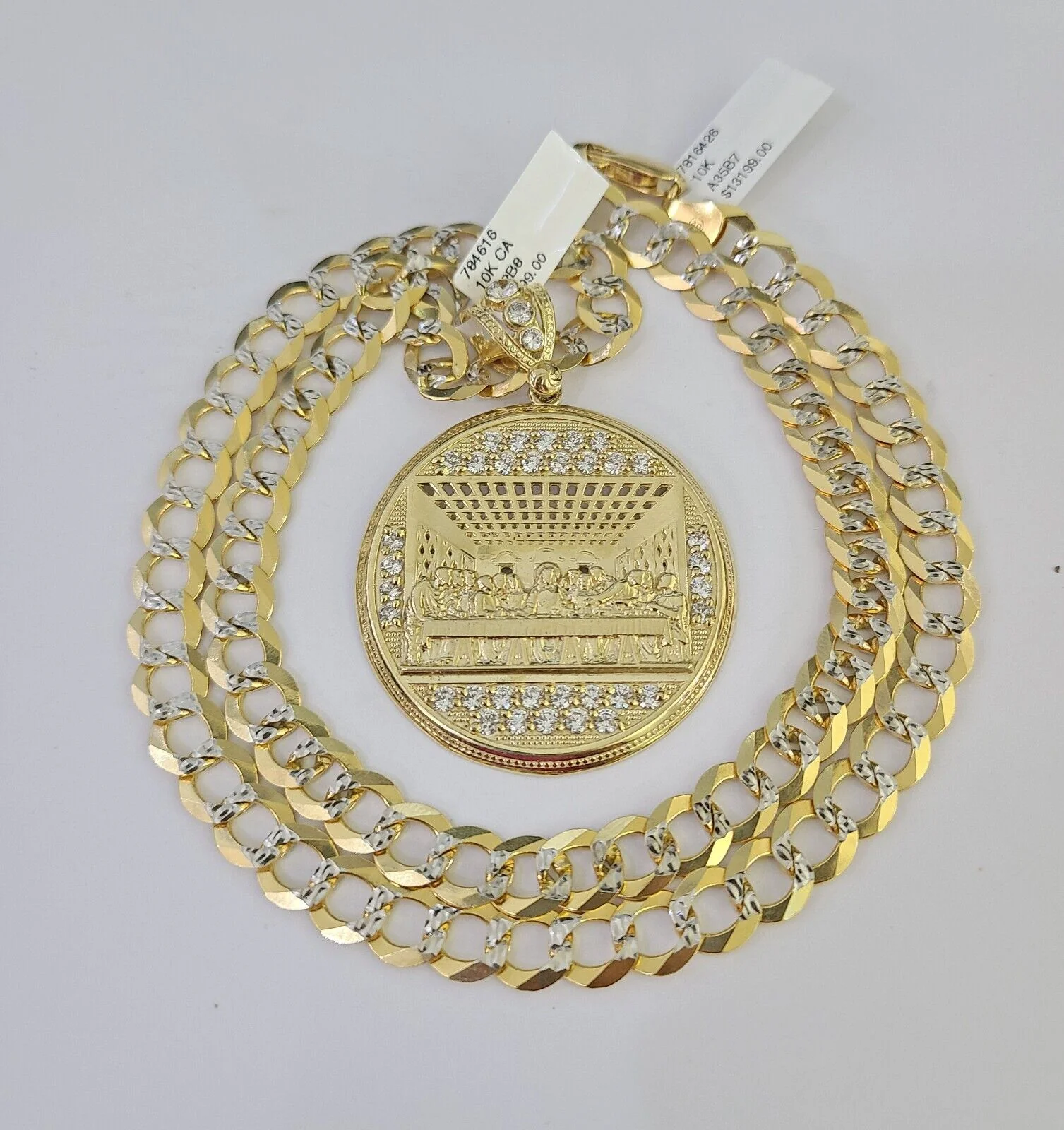 10k Gold Chain Last Supper Charm Solid Cuban Curb Necklace 9mm 20"-30" SET - Image 3