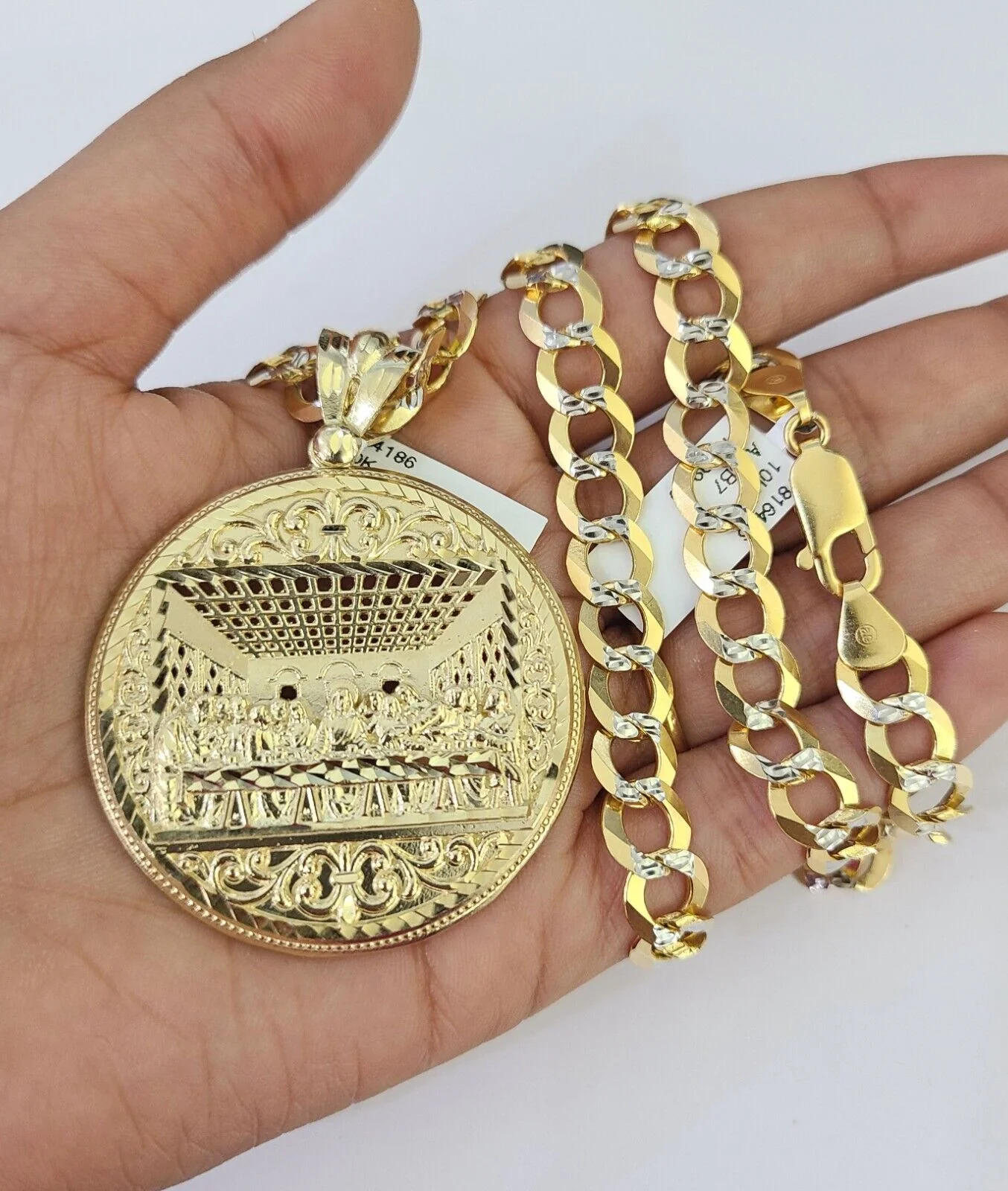 10k Gold Chain Last Supper Charm Solid Cuban Curb Necklace 9mm 20"-30" SET - Image 4