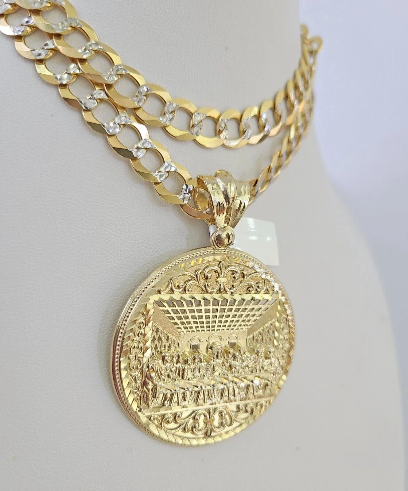 10k Gold Chain Last Supper Charm Solid Cuban Curb Necklace 9mm 20"-30" SET - Image 6