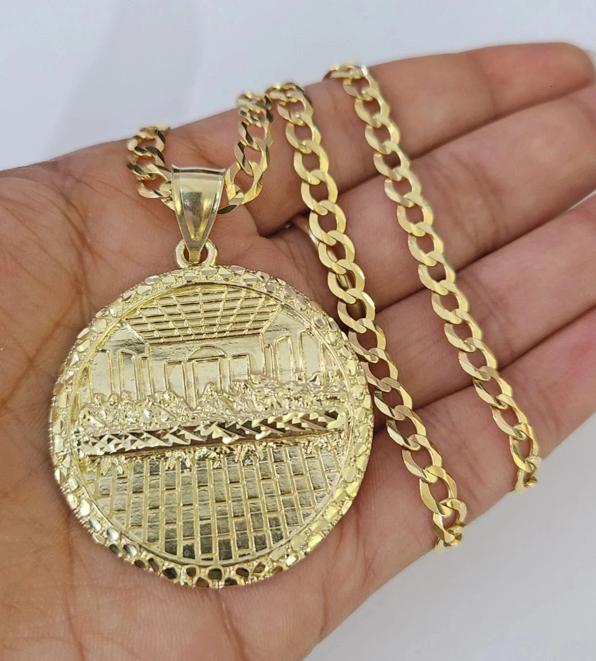 10k Gold Chain Last Supper Nugget Pendant Cuban Curb Link 5mm 18"-28" Inch SET - Image 3