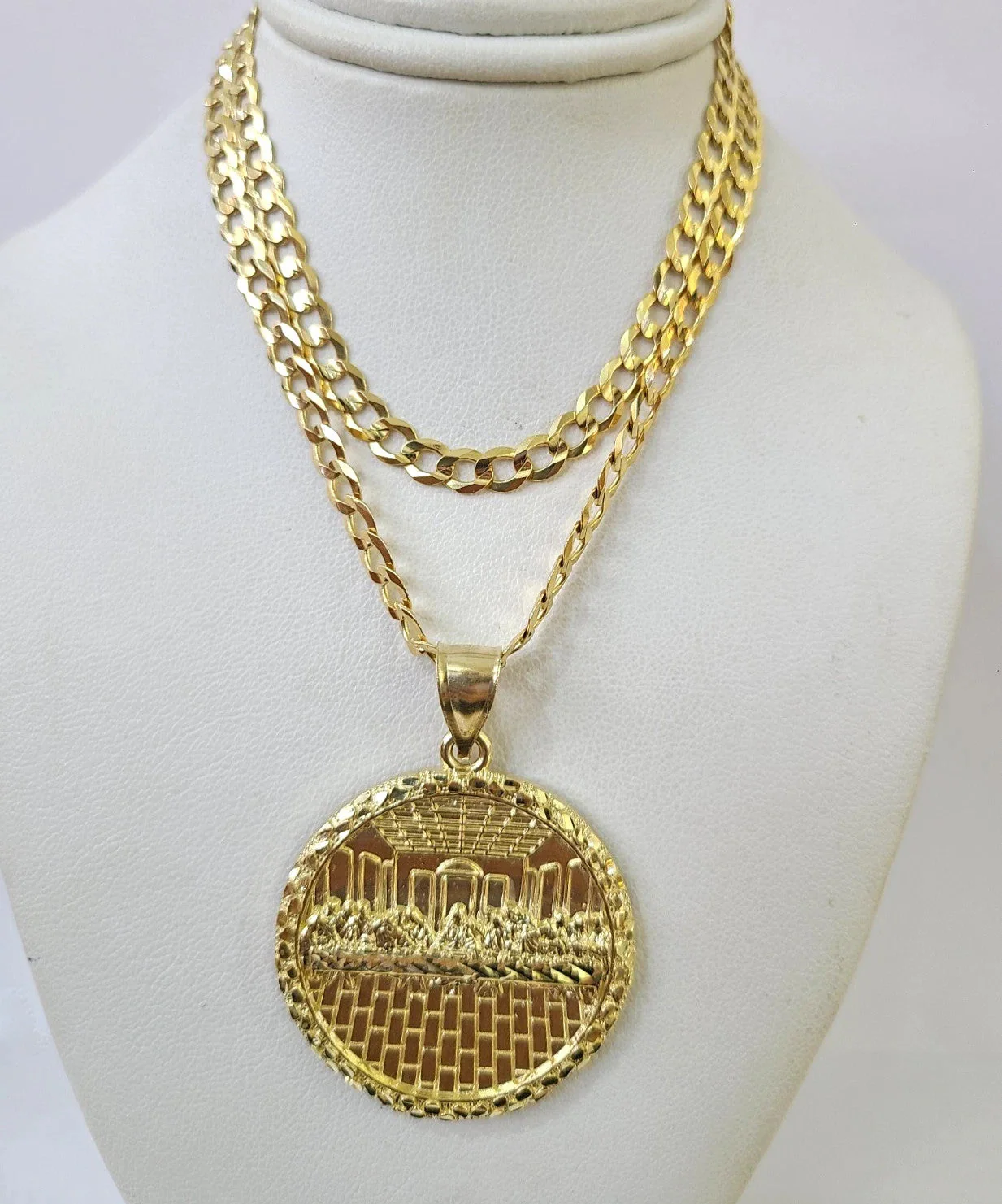 10k Gold Chain Last Supper Nugget Pendant Cuban Curb Link 5mm 18"-28" Inch SET - Image 4