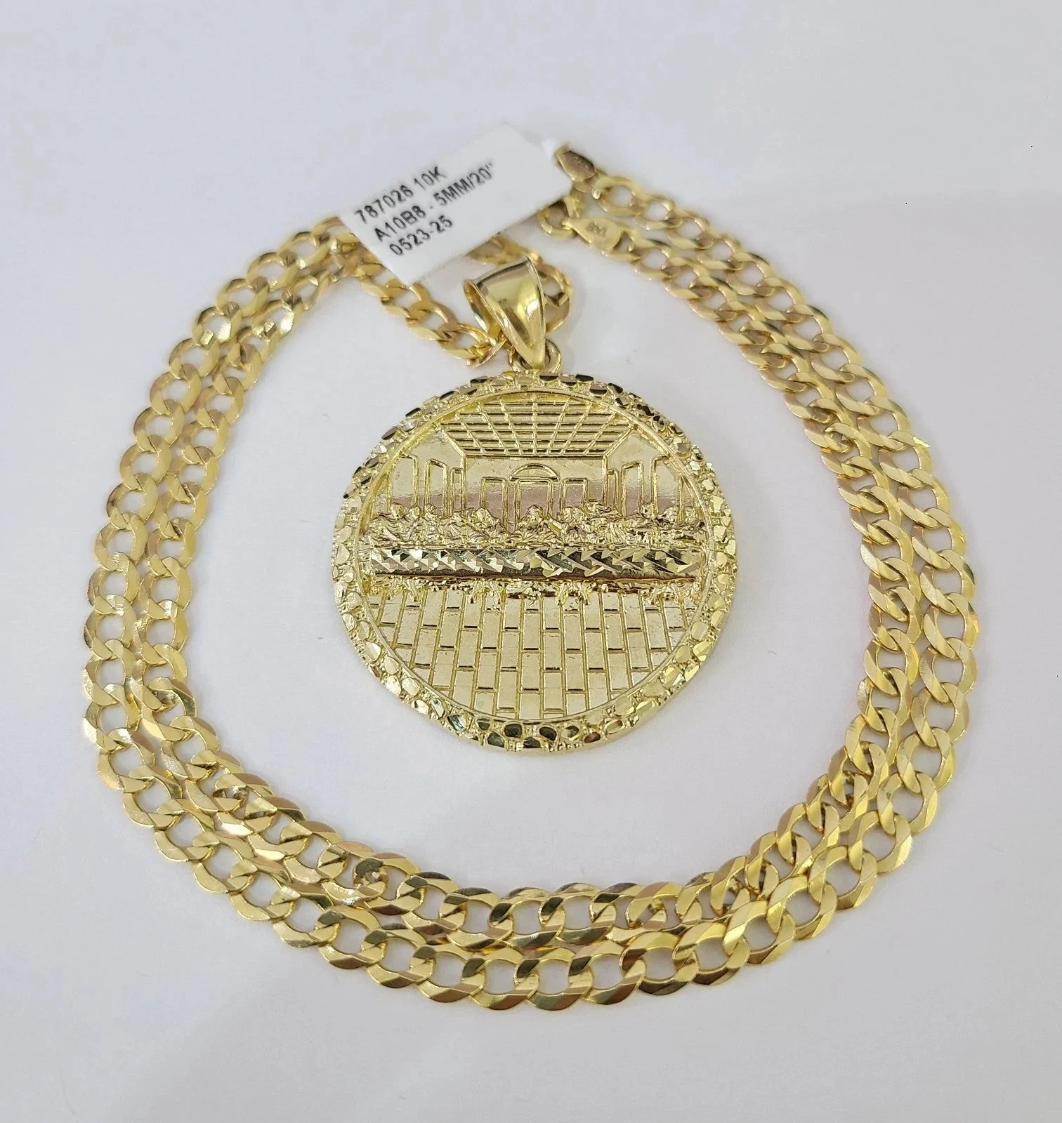 10k Gold Chain Last Supper Nugget Pendant Cuban Curb Link 5mm 18"-28" Inch SET - Image 5