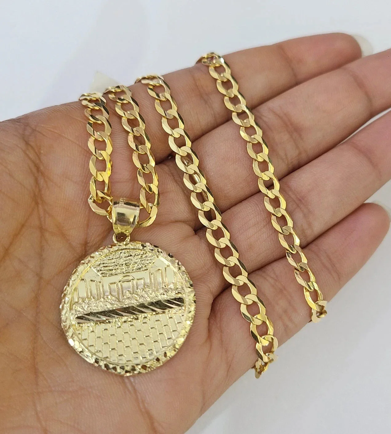 10k Gold Chain Last Supper Nugget Pendant Cuban Curb Link 5mm 18"-28" Inch SET - Image 3