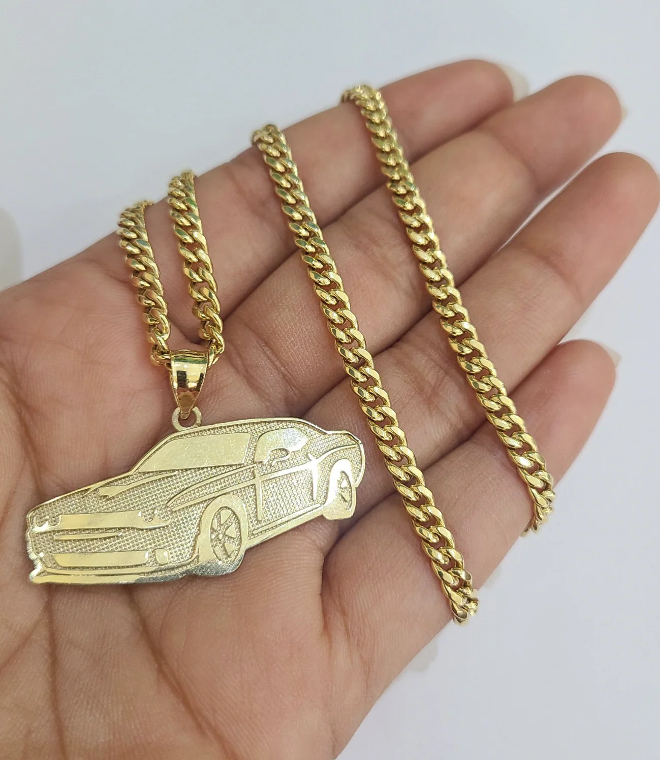 10k Gold Chain Miami Cuban Car Challenger Charm Pendant Set 4mm 18"28" Necklace - Image 5