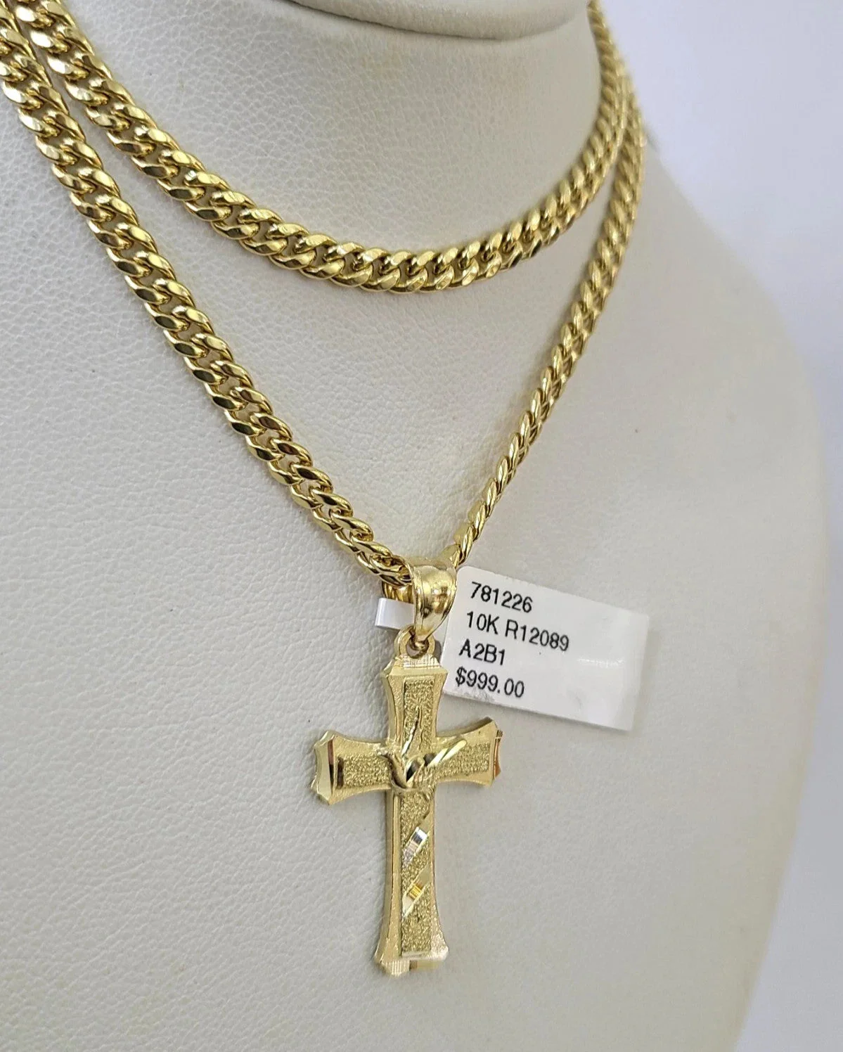 10k Gold Chain Miami Cuban Jesus Cross Charm Pendant Set 4mm 18"-28" Necklace - Image 2
