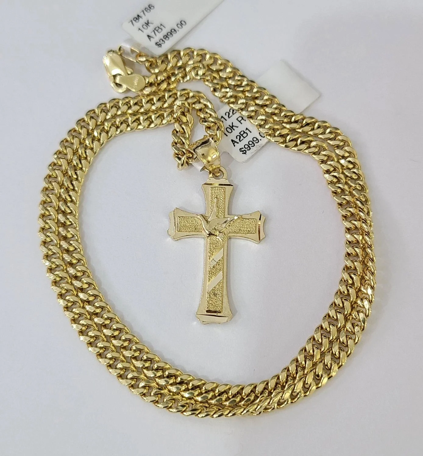 10k Gold Chain Miami Cuban Jesus Cross Charm Pendant Set 4mm 18"-28" Necklace - Image 3