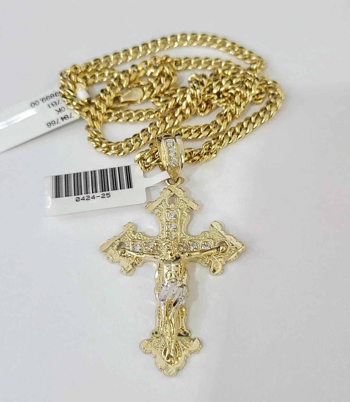 10k Gold Chain Miami Cuban Jesus Cross Charm Pendant Set 4mm 18"-28" Necklace - Image 2