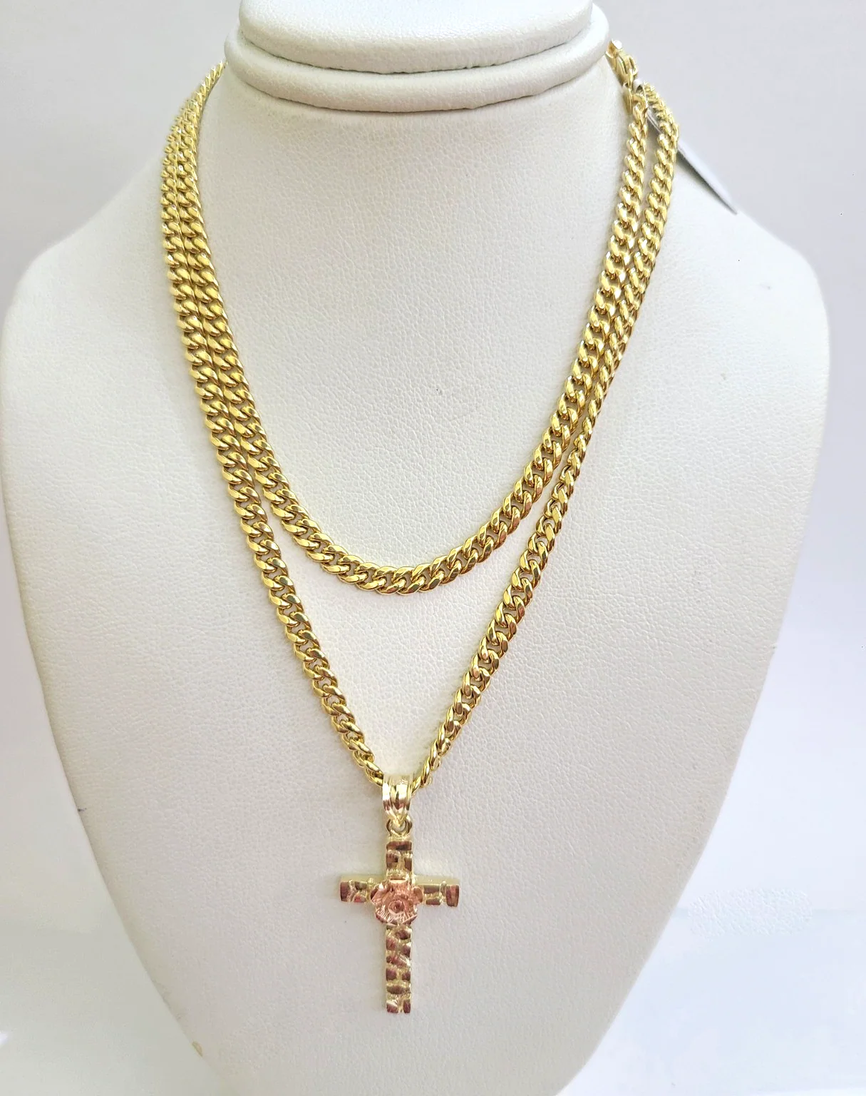 10k Gold Chain Miami Cuban Jesus Cross Charm Pendant Set 4mm 18"28" Necklace - Image 2
