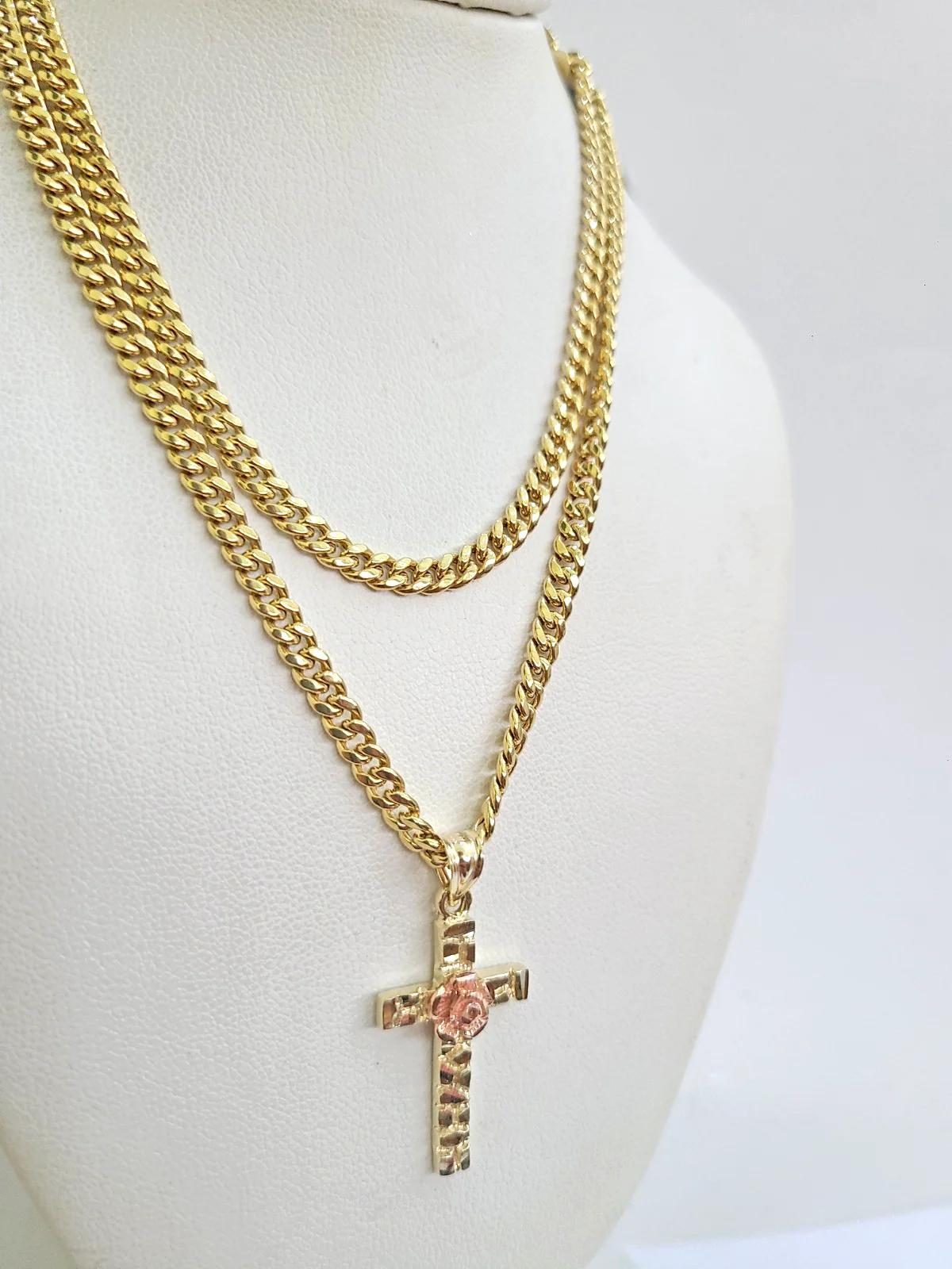 10k Gold Chain Miami Cuban Jesus Cross Charm Pendant Set 4mm 18"28" Necklace - Image 5