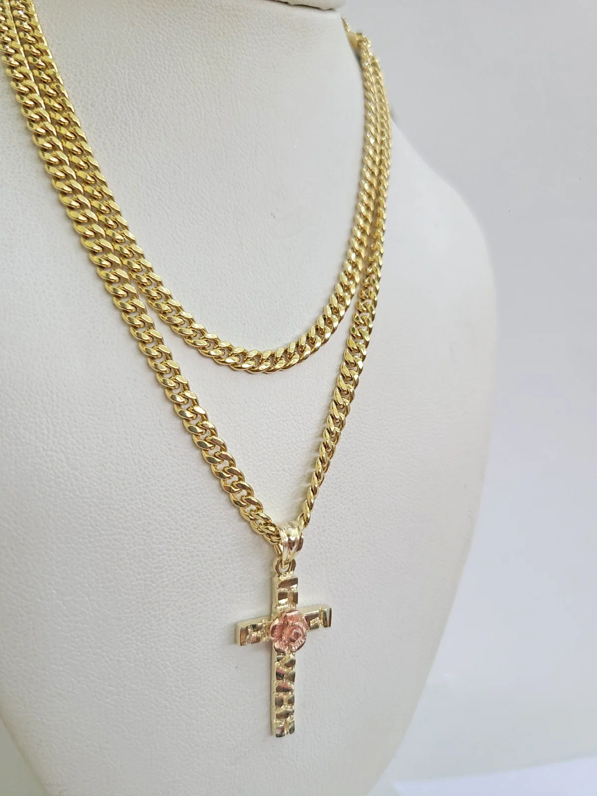 10k Gold Chain Miami Cuban Jesus Cross Charm Pendant Set 4mm 18"28" Necklace - Image 6