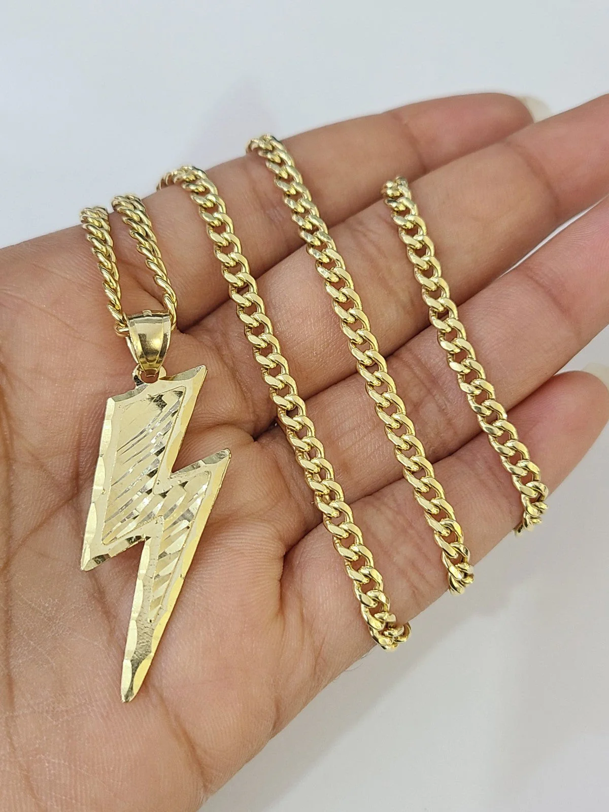 10k Gold Chain Miami Cuban Lightning Bolt Charm Pendant Set 3mm 18"-28" Necklace - Image 4