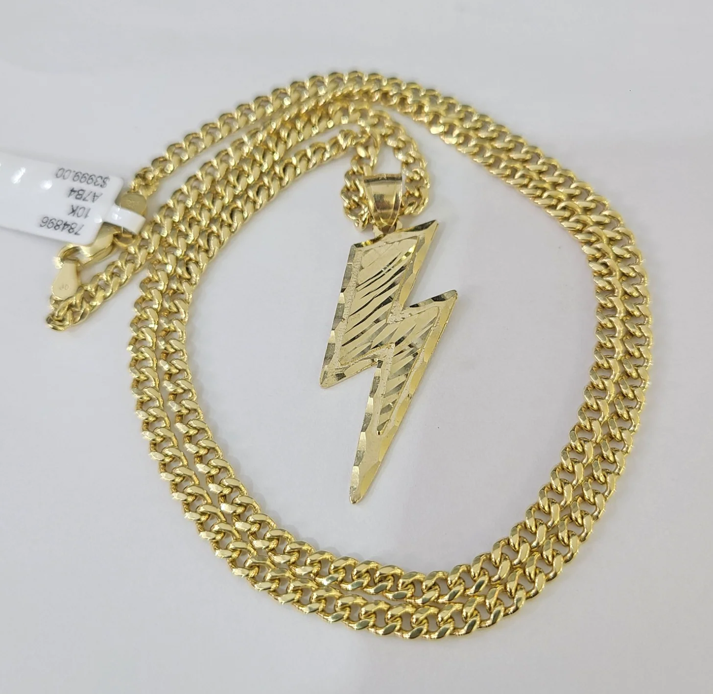 10k Gold Chain Miami Cuban Lightning Bolt Charm Pendant Set 3mm 18"-28" Necklace - Image 5