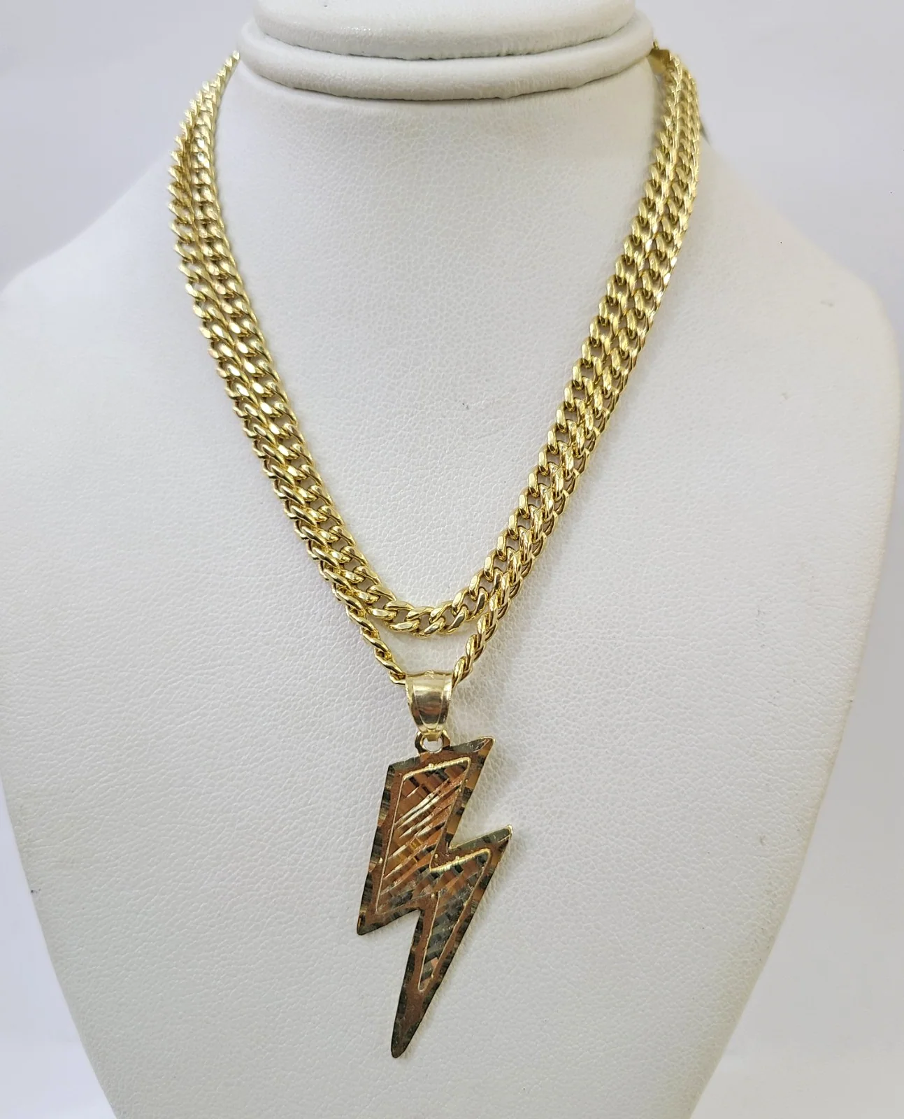 10k Gold Chain Miami Cuban Lightning Bolt Charm Pendant Set 3mm 18"-28" Necklace - Image 6