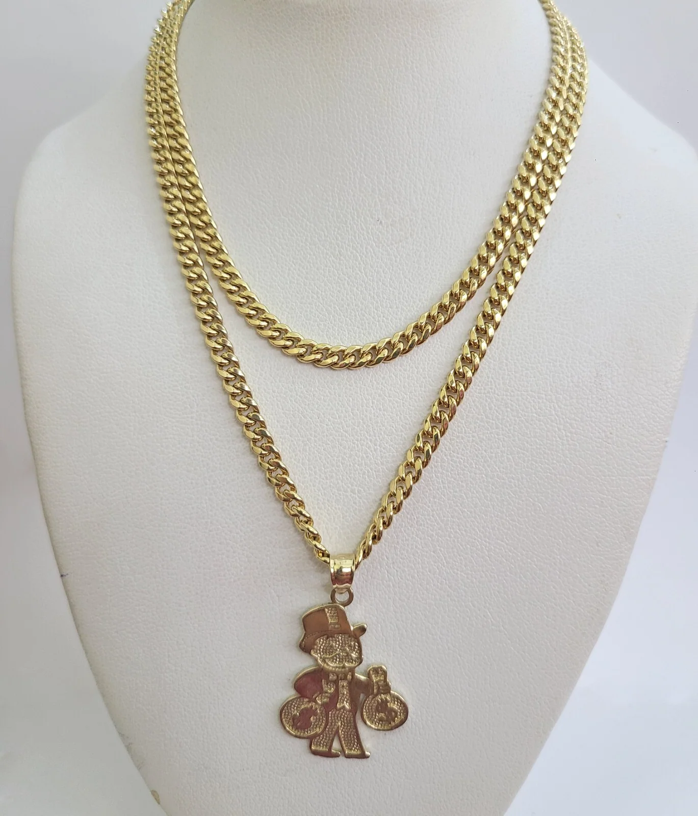 10k Gold Chain Miami Cuban Necklace Grandpa Money Bag Pendant Set 4mm 18"-28" - Image 4