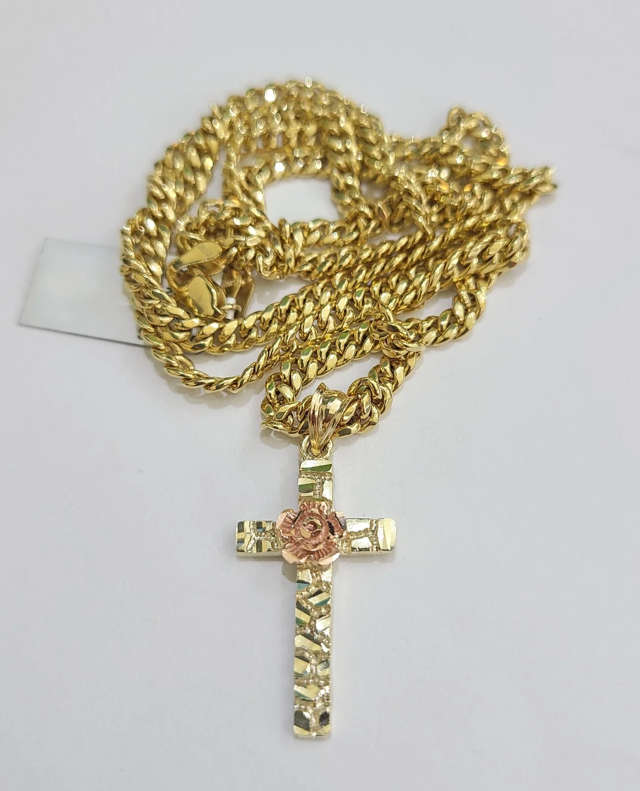 10k Gold Chain Miami Cuban Necklace Jesus Rose Cross Pendant Set 4mm 18"-28" - Image 2