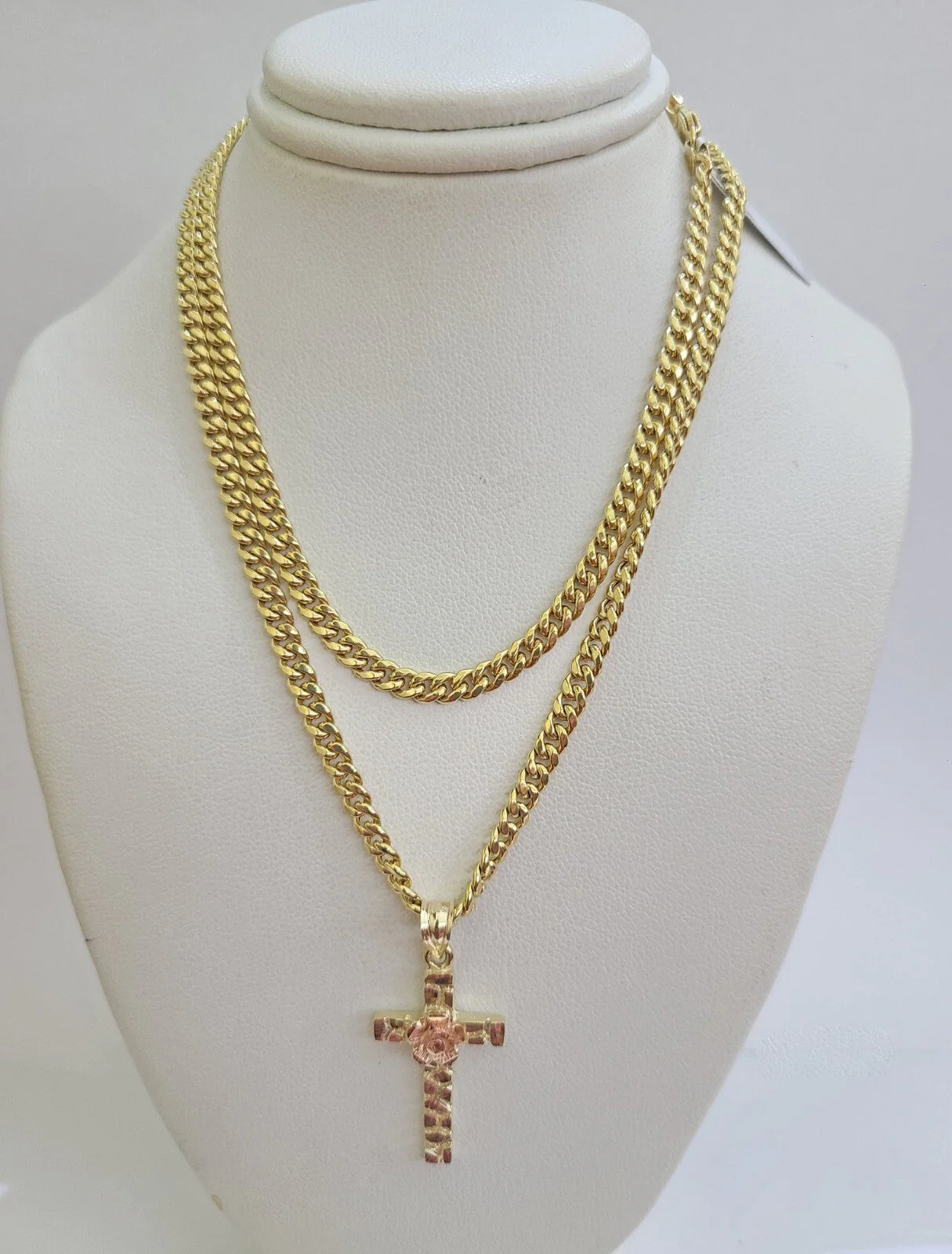 10k Gold Chain Miami Cuban Necklace Jesus Rose Cross Pendant Set 4mm 18"-28" - Image 3