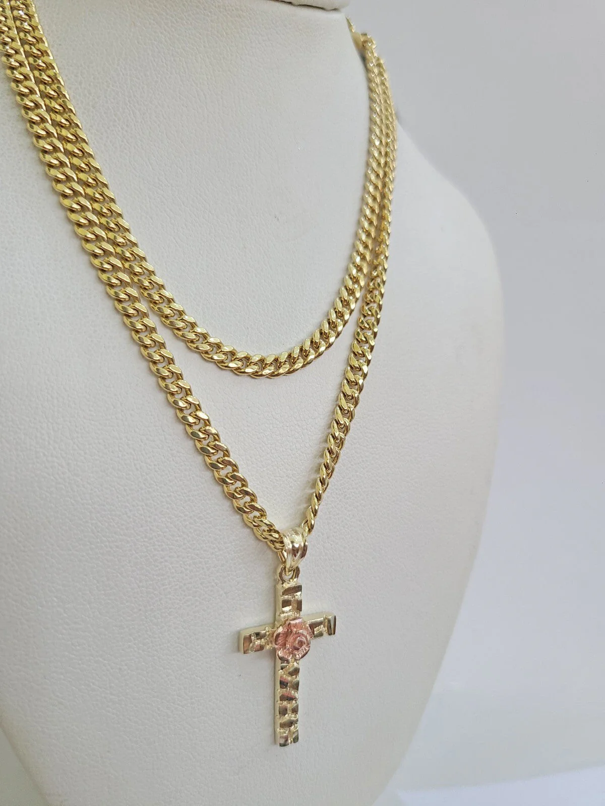 10k Gold Chain Miami Cuban Necklace Jesus Rose Cross Pendant Set 4mm 18"-28" - Image 5