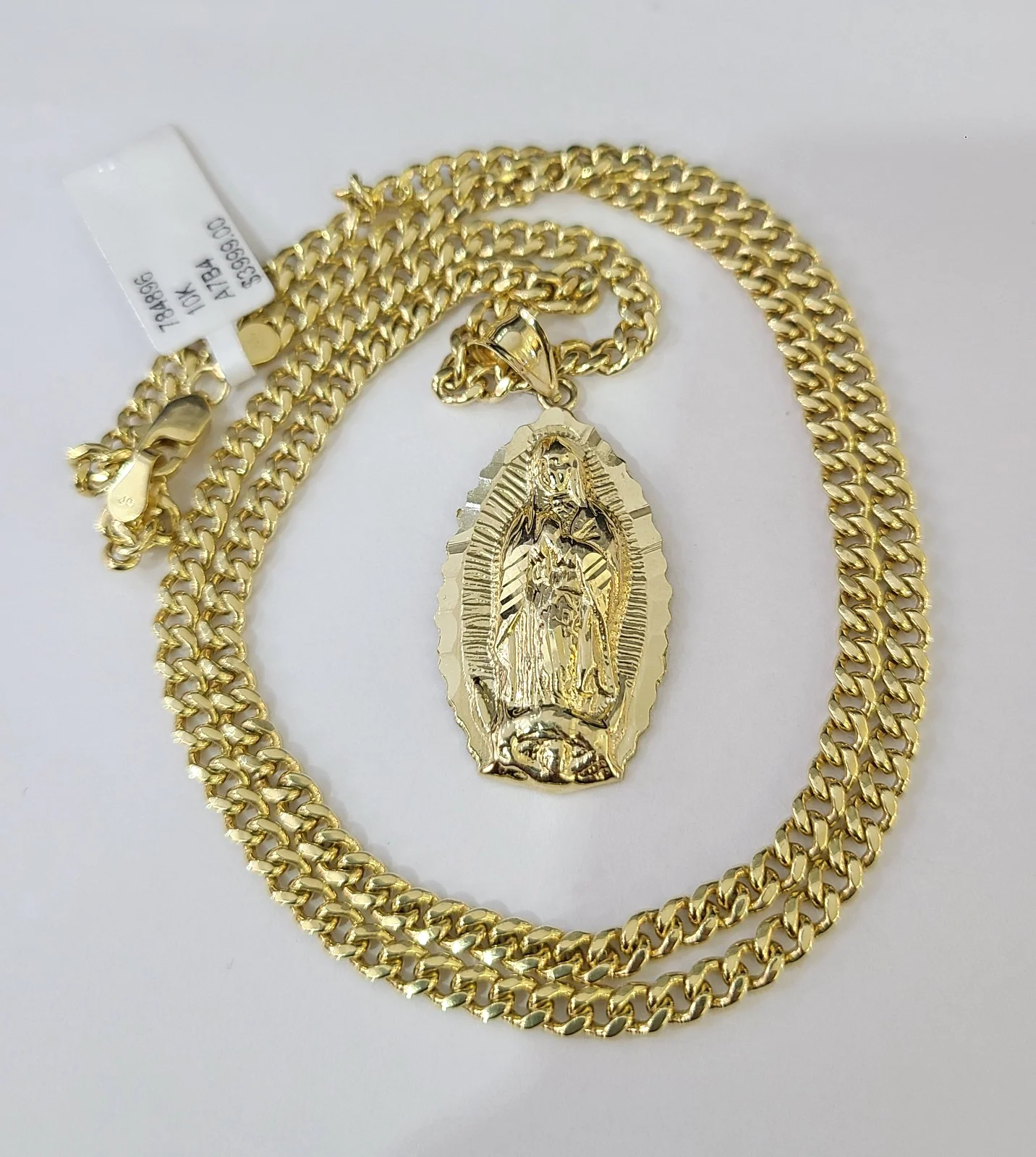10k Gold Chain Miami Cuban Virgin Mary Charm Pendant Set 3mm 18"-28" Necklace - Image 2
