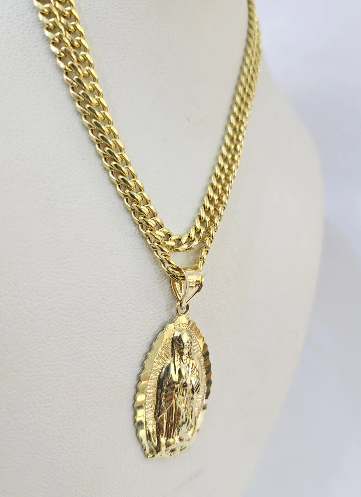 10k Gold Chain Miami Cuban Virgin Mary Charm Pendant Set 3mm 18"-28" Necklace - Image 5
