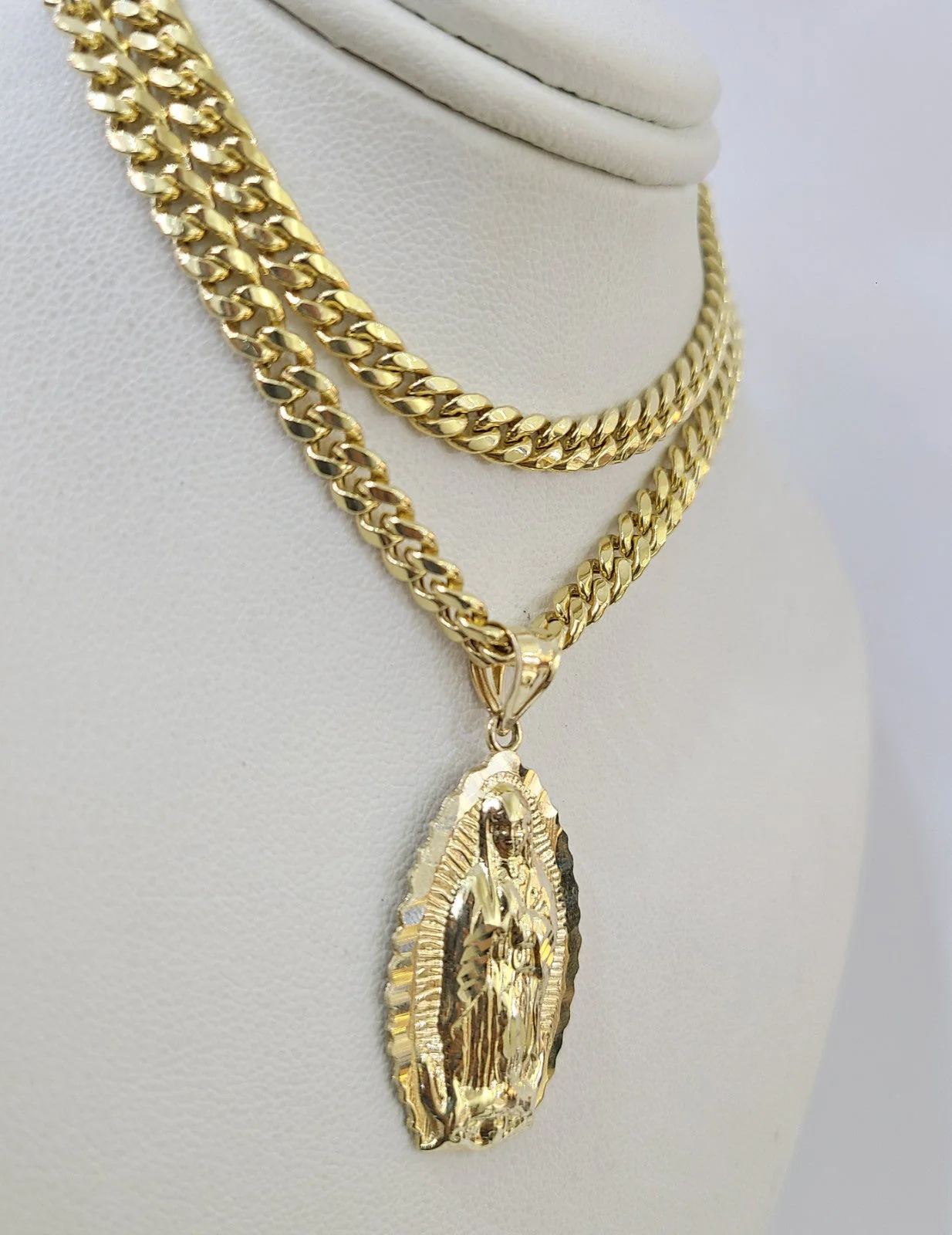 10k Gold Chain Miami Cuban Virgin Mary Charm Pendant Set 4mm 18"-28" Necklace - Image 2