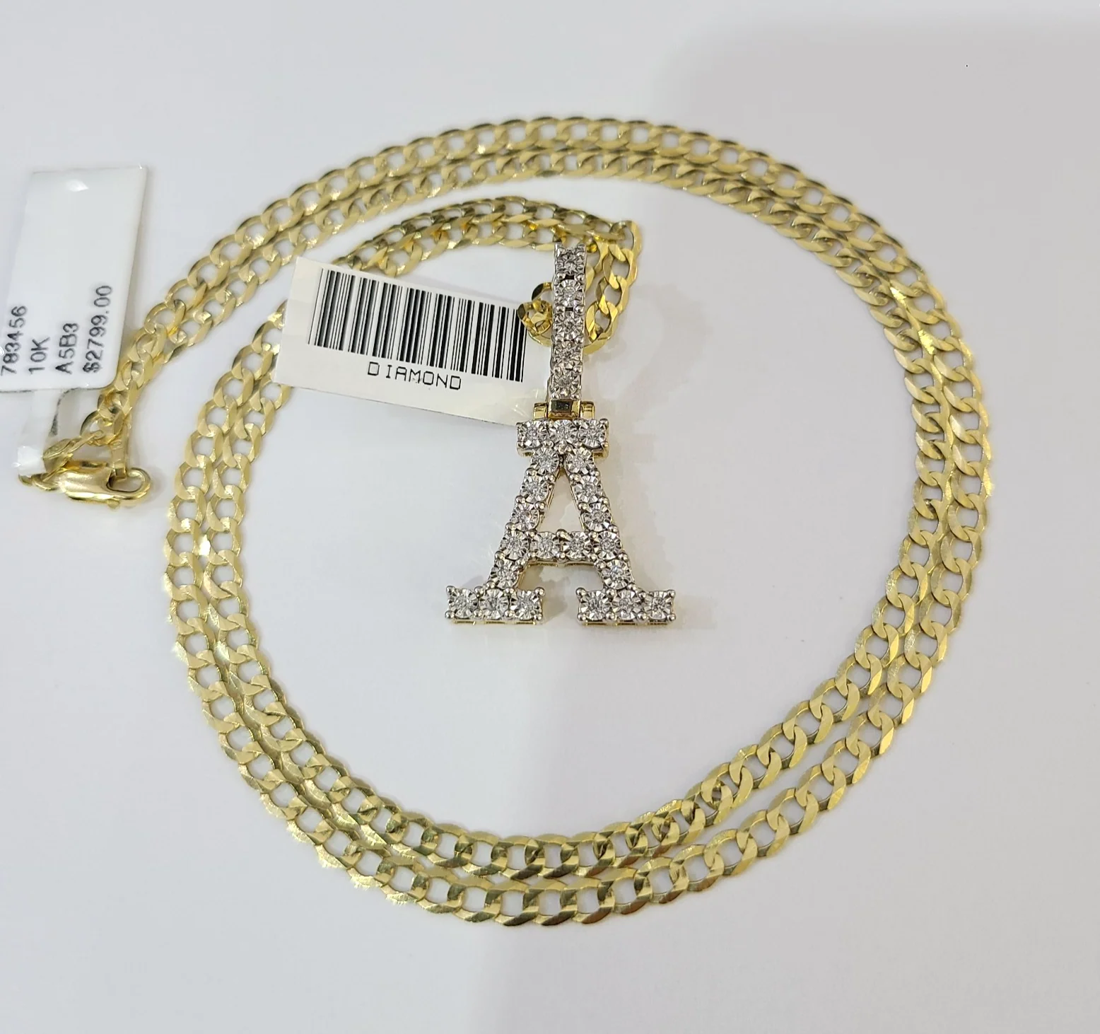 10k Gold Chain Necklace A Diamond Initial Pendant Set Cuban Curb 3mm 20"-30" - Image 5