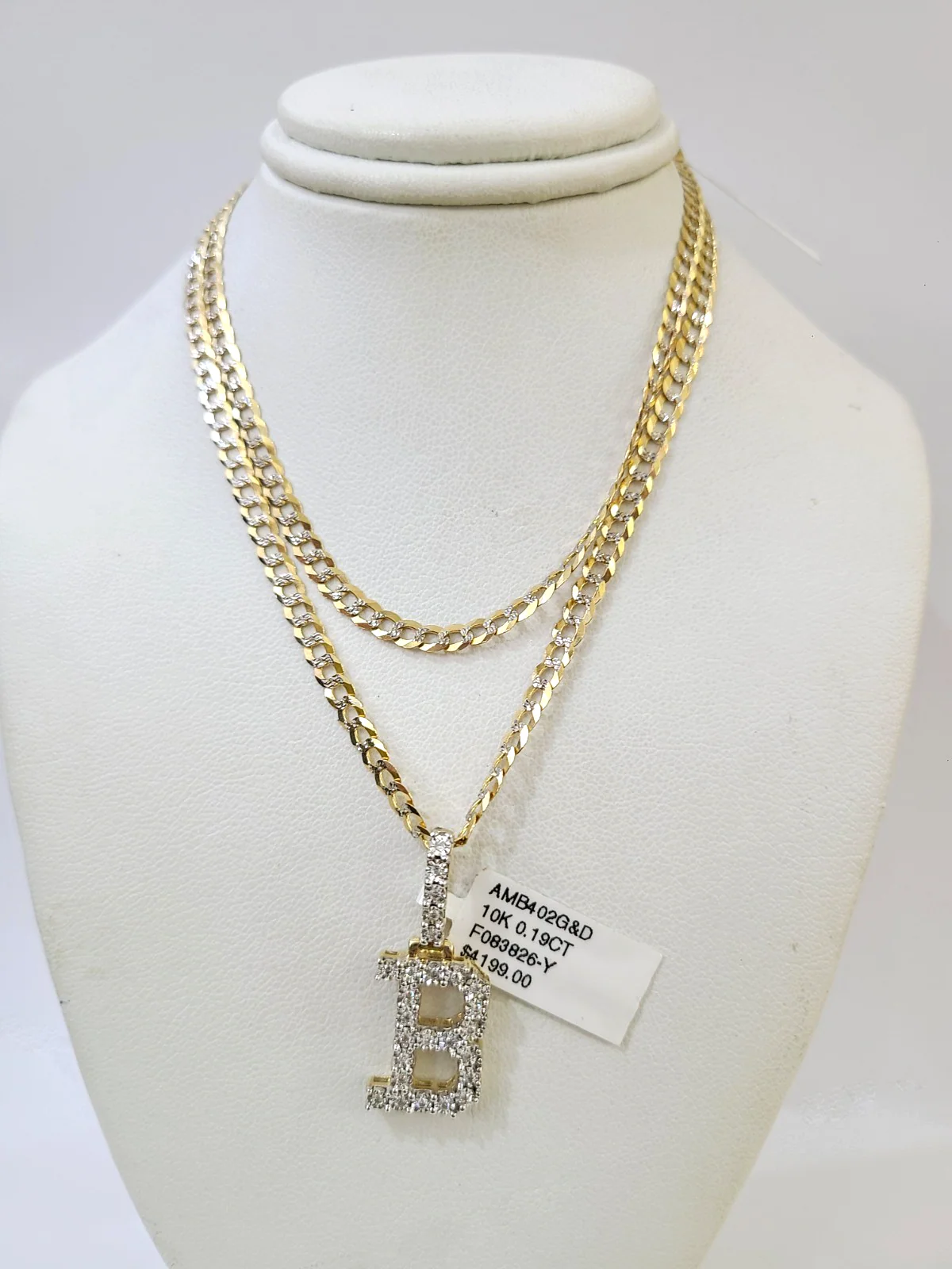 10k Gold Chain Necklace B Diamond Initial Pendant Set Cuban Curb 3mm 20"-30" - Image 3
