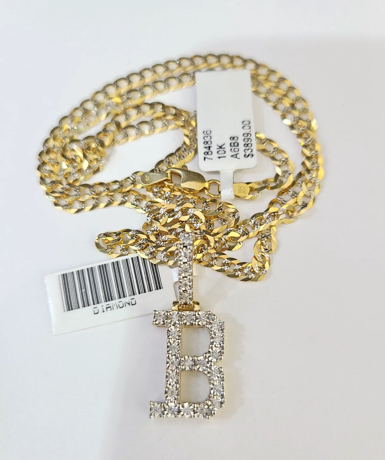 10k Gold Chain Necklace B Diamond Initial Pendant Set Cuban Curb 3mm 20"-30" - Image 4