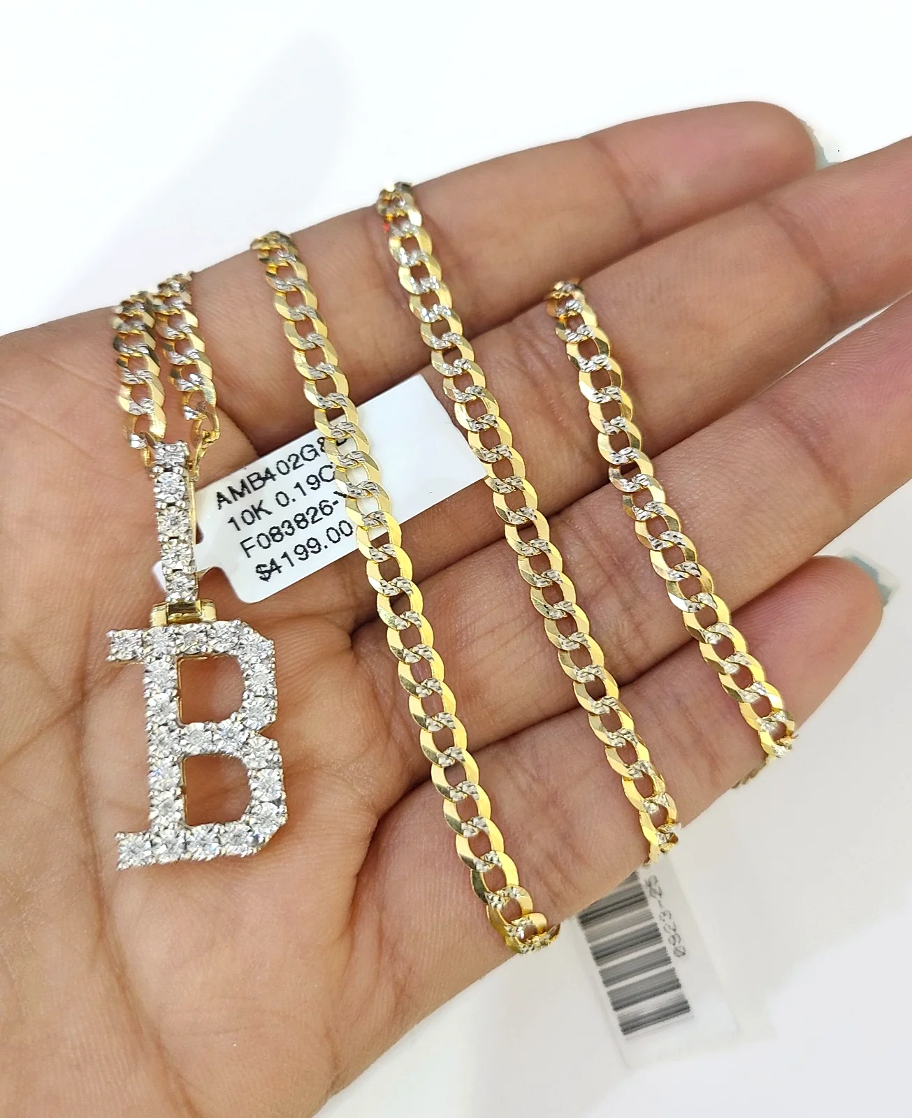 10k Gold Chain Necklace B Diamond Initial Pendant Set Cuban Curb 3mm 20"-30" - Image 6