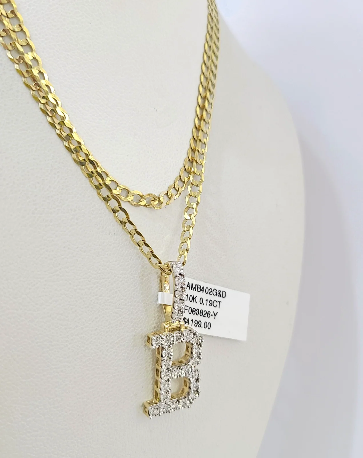 10k Gold Chain Necklace B Diamond Initial Pendant Set Cuban Curb 3mm 20"-30" - Image 4