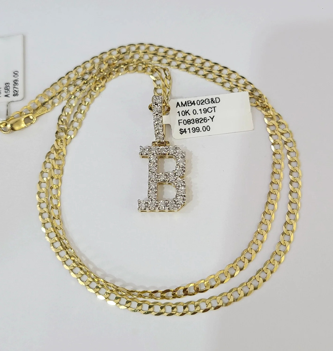 10k Gold Chain Necklace B Diamond Initial Pendant Set Cuban Curb 3mm 20"-30" - Image 6