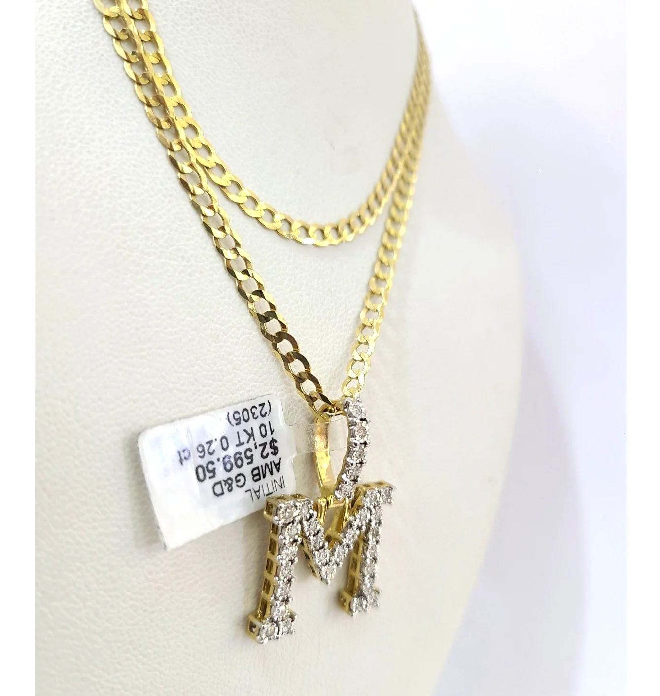 10k Gold Chain Necklace Cuban Curb M Diamond Initial Pendant Set 3mm 20"-30" - Image 2