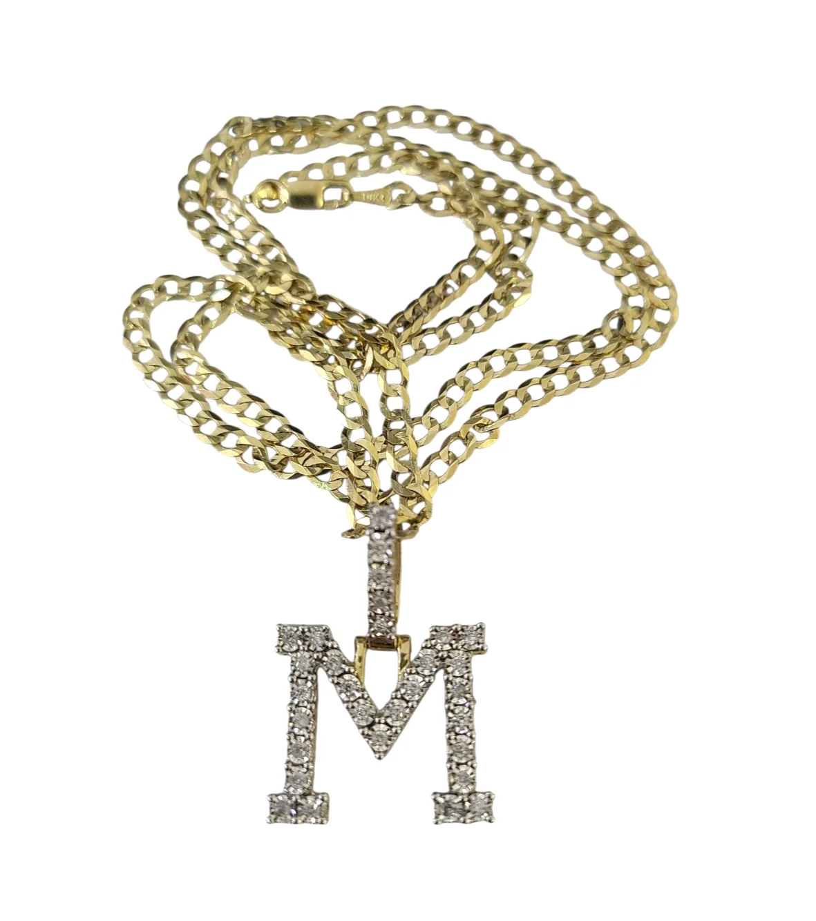 10k Gold Chain Necklace Cuban Curb M Diamond Initial Pendant Set 3mm 20"-30" - Image 4