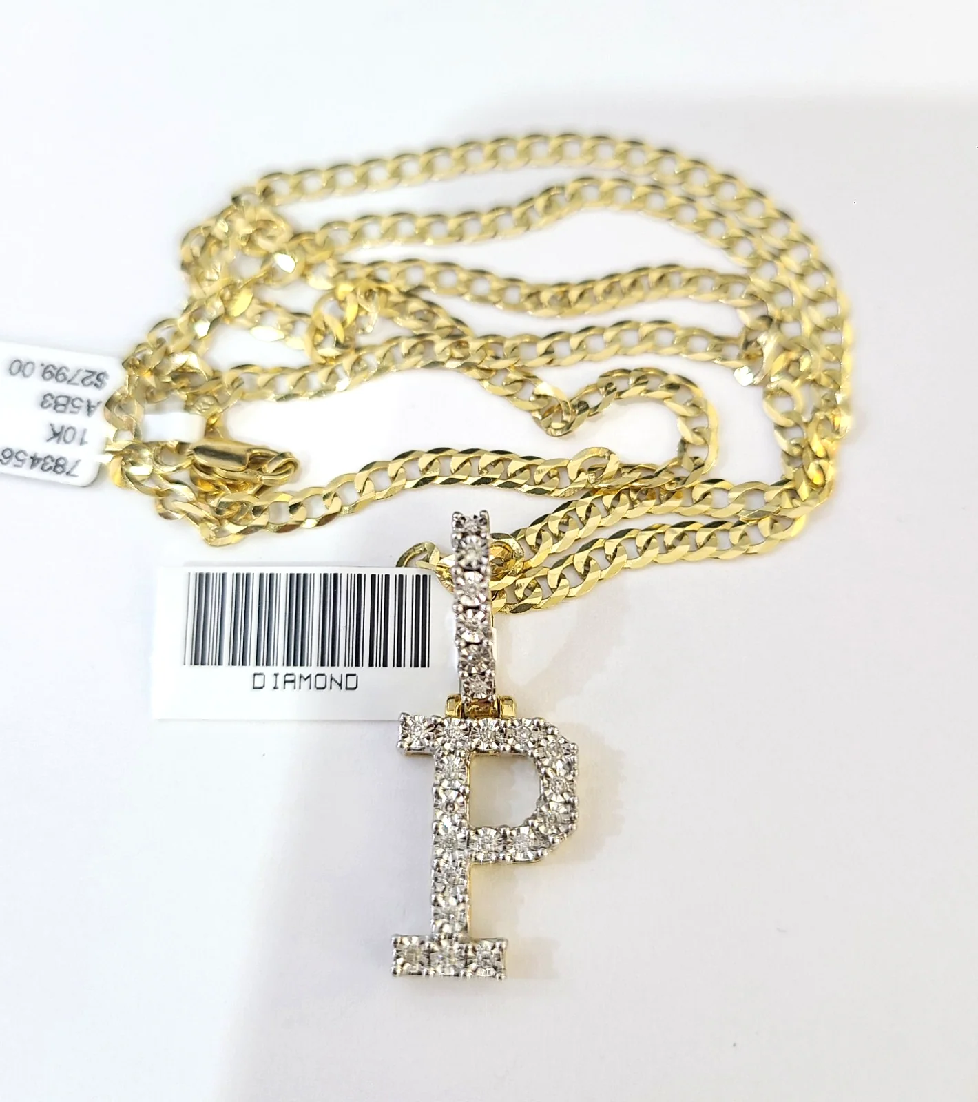 10k Gold Chain Necklace Cuban Curb P Diamond Initial Pendant Set 3mm 20"-30" - Image 3