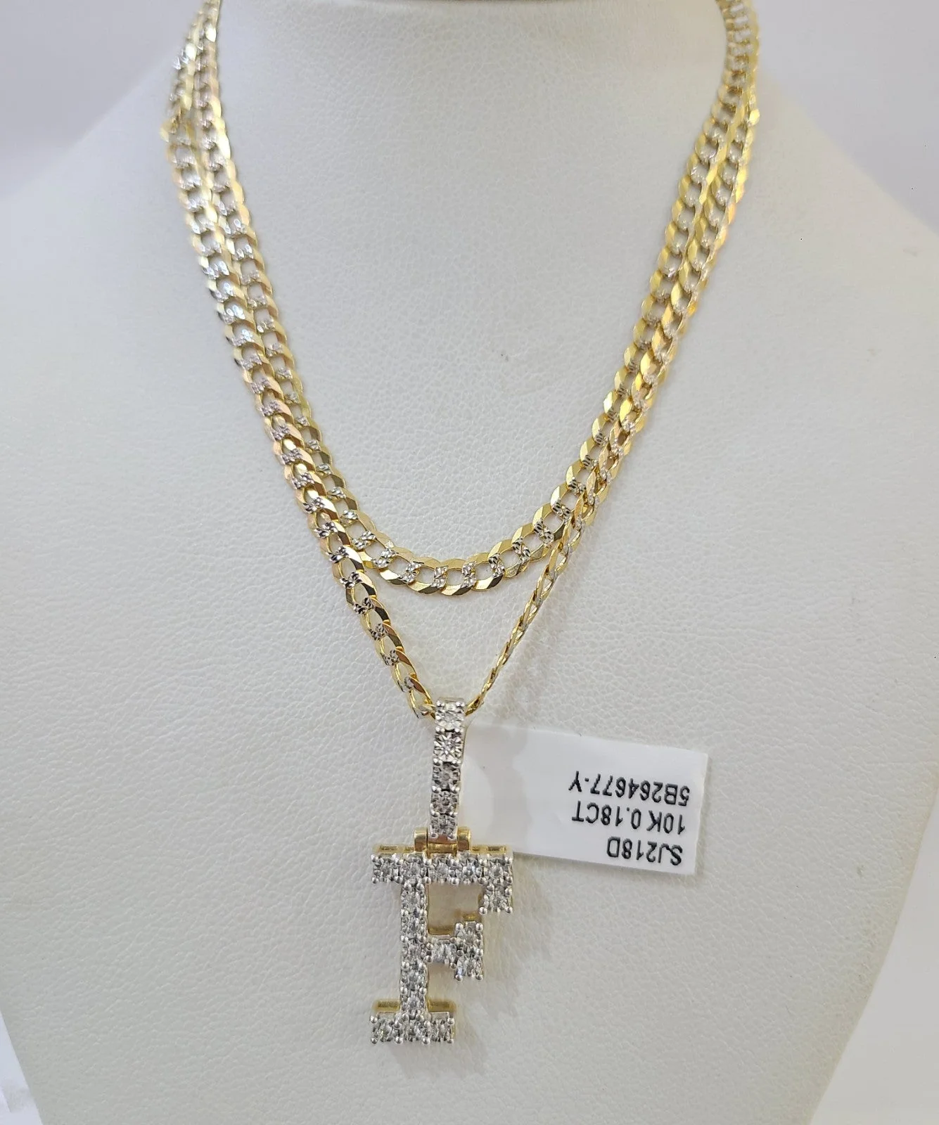10k Gold Chain Necklace F Diamond Initial Pendant Set Cuban Curb 3mm 20"-30" - Image 3