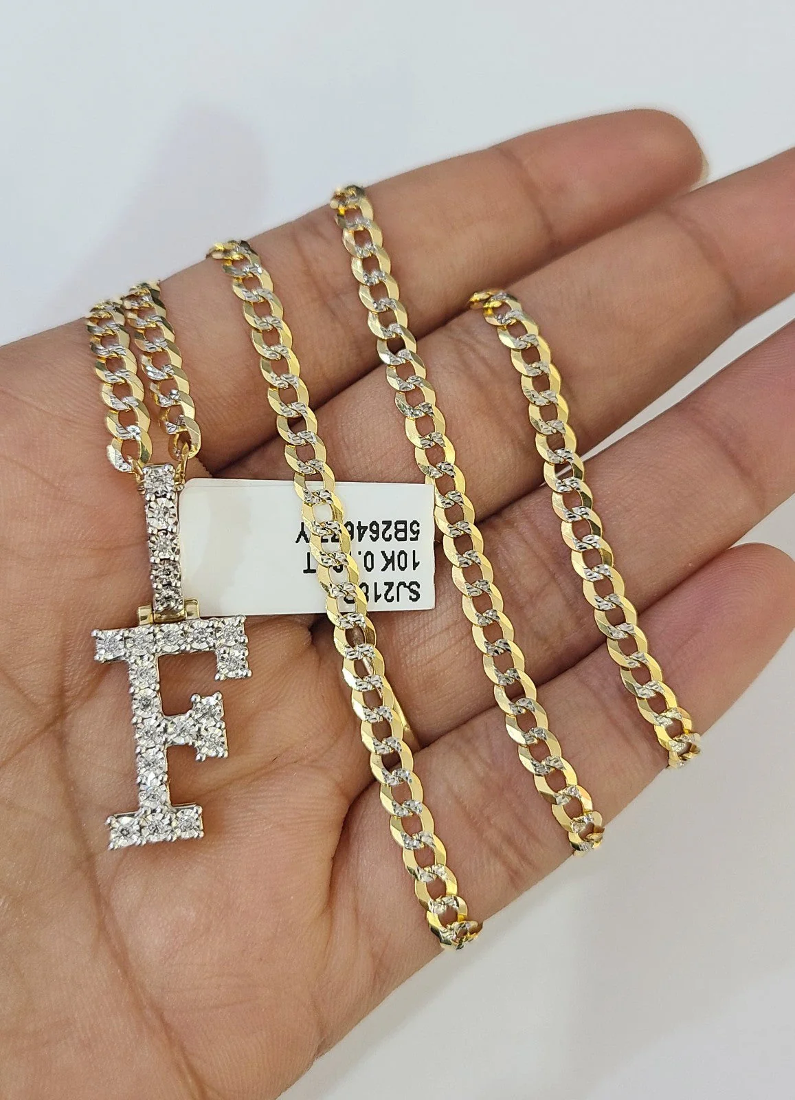 10k Gold Chain Necklace F Diamond Initial Pendant Set Cuban Curb 3mm 20"-30" - Image 5