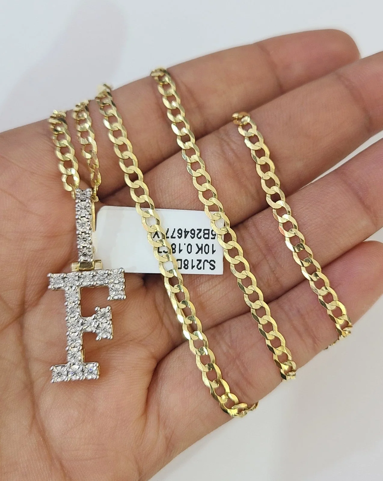 10k Gold Chain Necklace F Diamond Initial Pendant Set Cuban Curb 3mm 20"-30" - Image 5