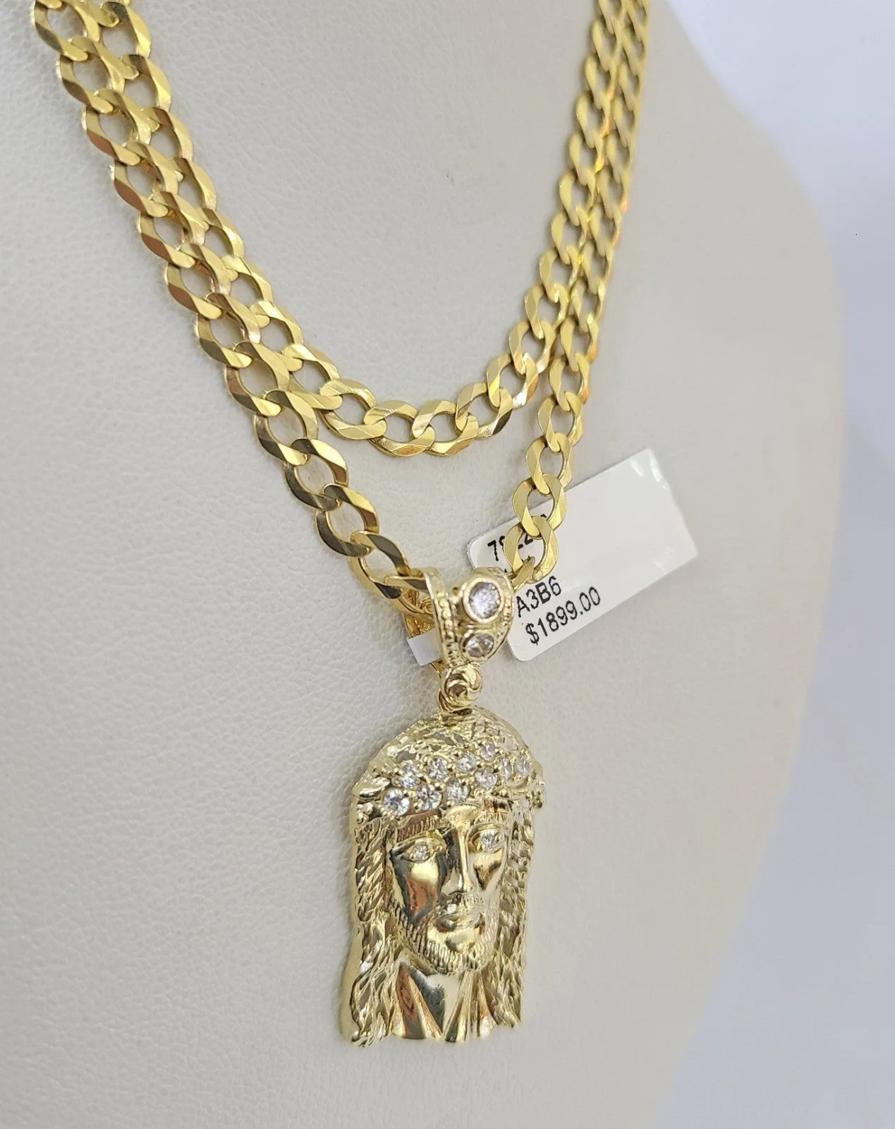10k Gold Chain Necklace Jesus Head Pendant Set Cuban Curb 5mm 18"-28" Charm - Image 2